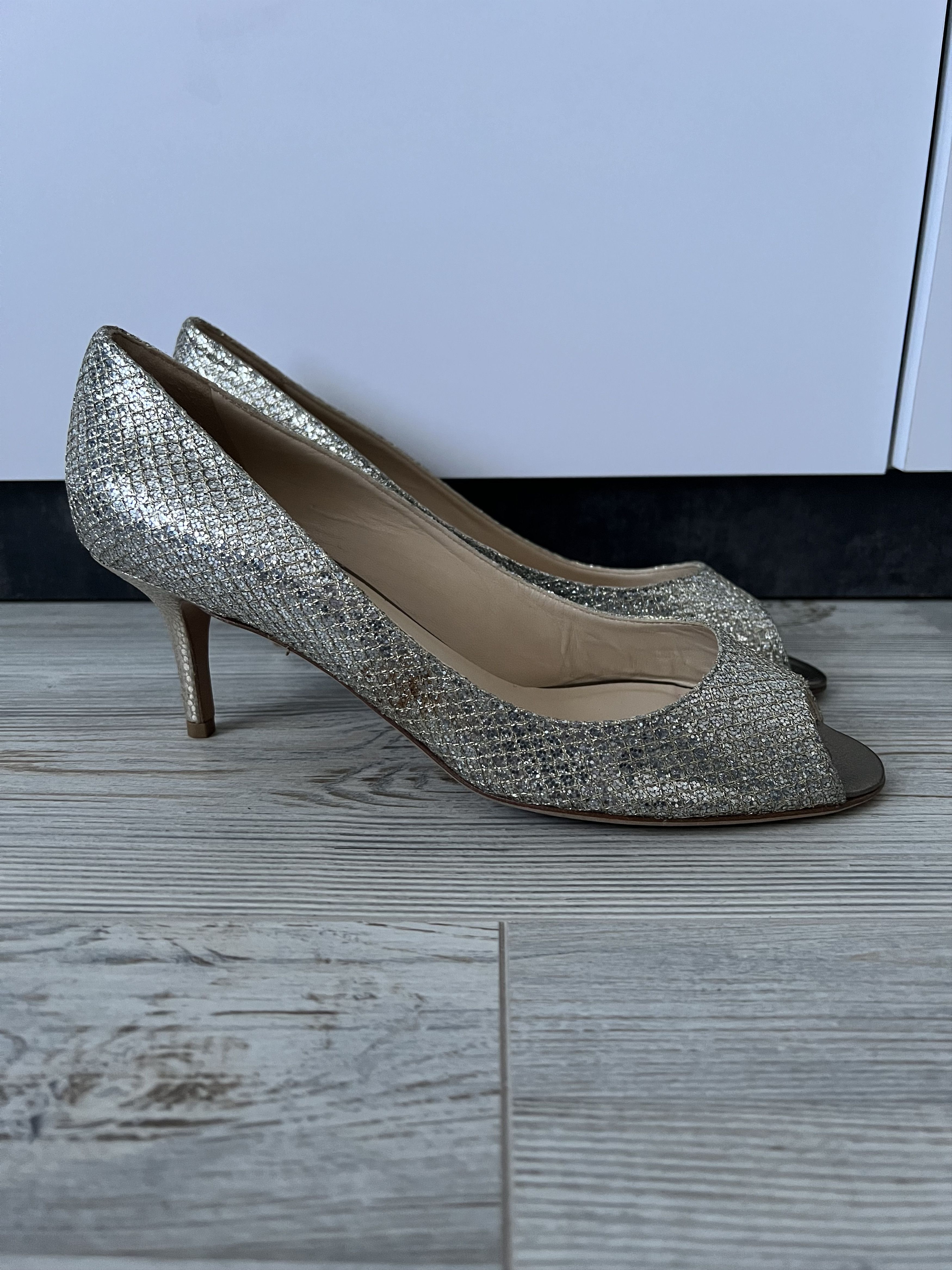 Jimmy Choo Jimmy Choo Silver Glitter Peep Toe Leather Heels Size 40 Size US 10 / IT 40 - 3 Thumbnail