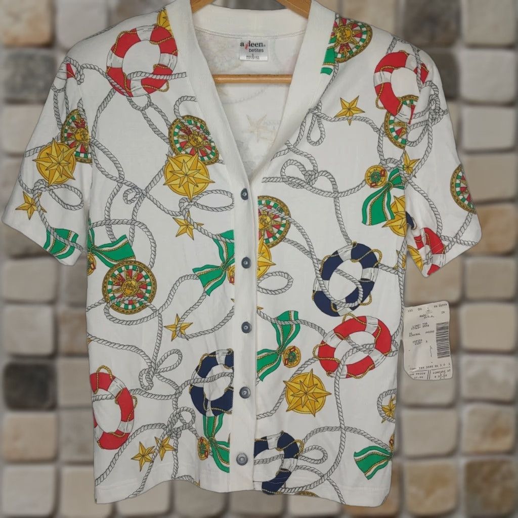 Nautica VINTAGE Women's Nautical Print Button-Up Shirt Petite Small Boat Sailing Coastal Beach Top Size S / US 4 / IT 40 - 1 Thumbnail
