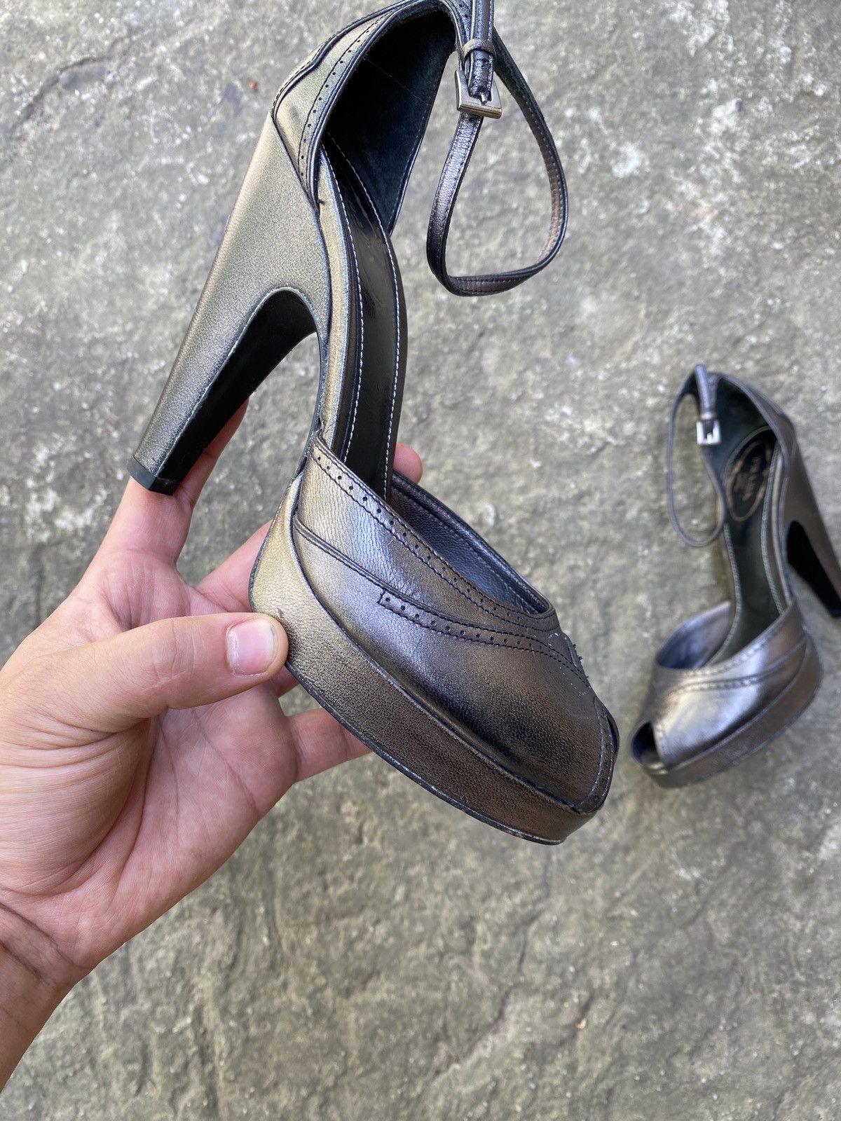 Prada Metallic Leather Peep Toe Platform Heels Ankle Strap