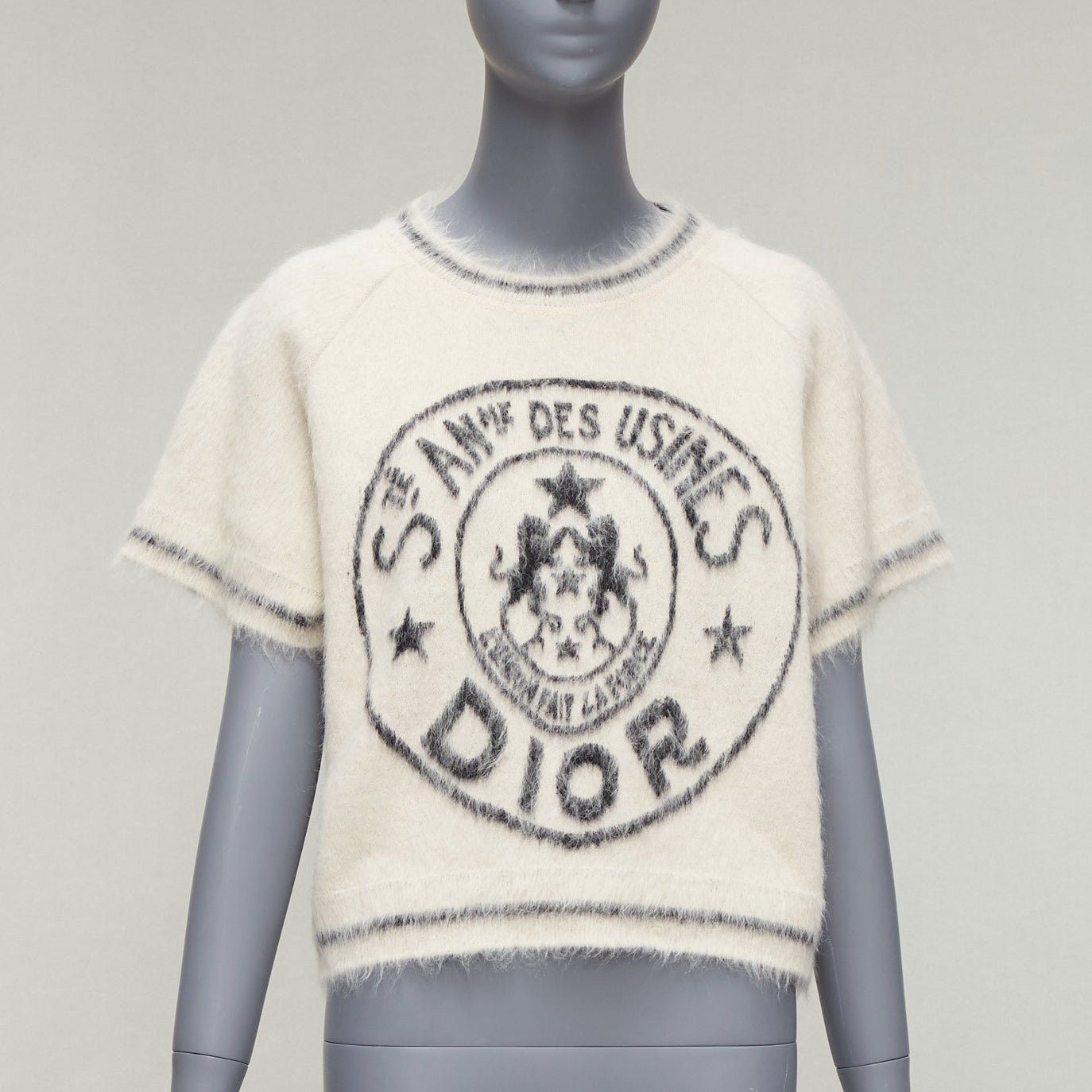 image of Christian Dior 2022 Runway L'union Fait La Force Mohair Stamp Sweater Fr34 Xs in Cream, Women's