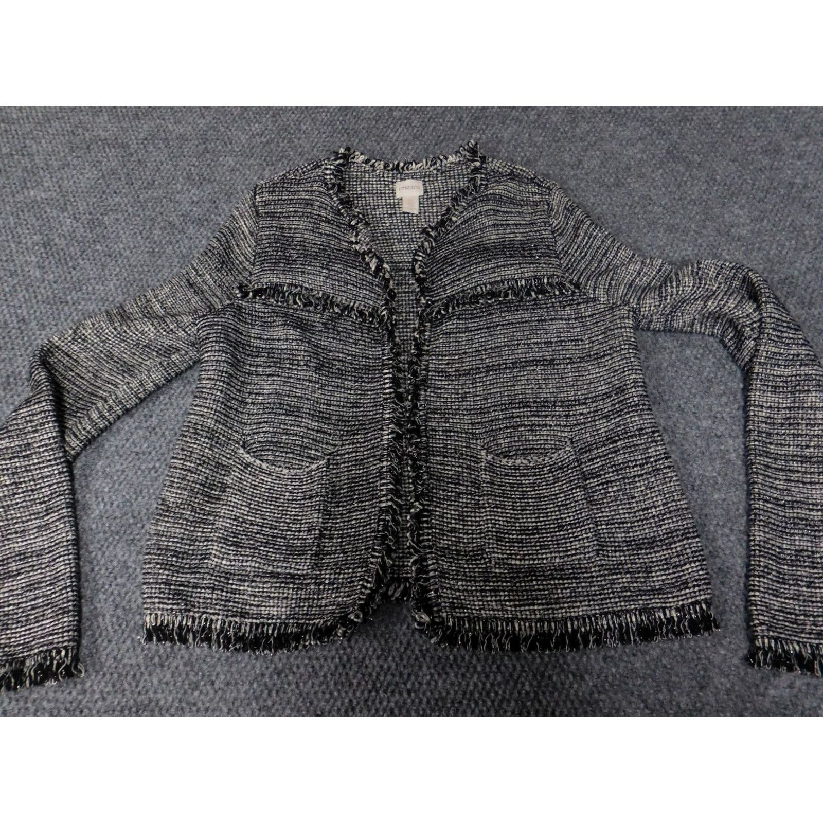 Vintage Chicos Jacket Blazer Open Cotton Gray Striped Fur Trim Knit Regular Women 0 Medium Casual Designer Open Front Fall Spring Womens Size XS / US 0-2 / IT 36-38 - 2 Thumbnail