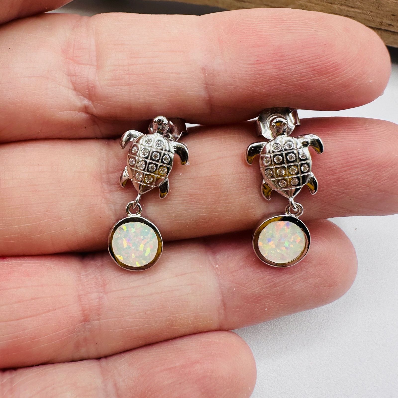 The Unbranded Brand Sterling Silver White Opal Sea & White Topaz Turtle Earrings Size ONE SIZE - 2 Thumbnail