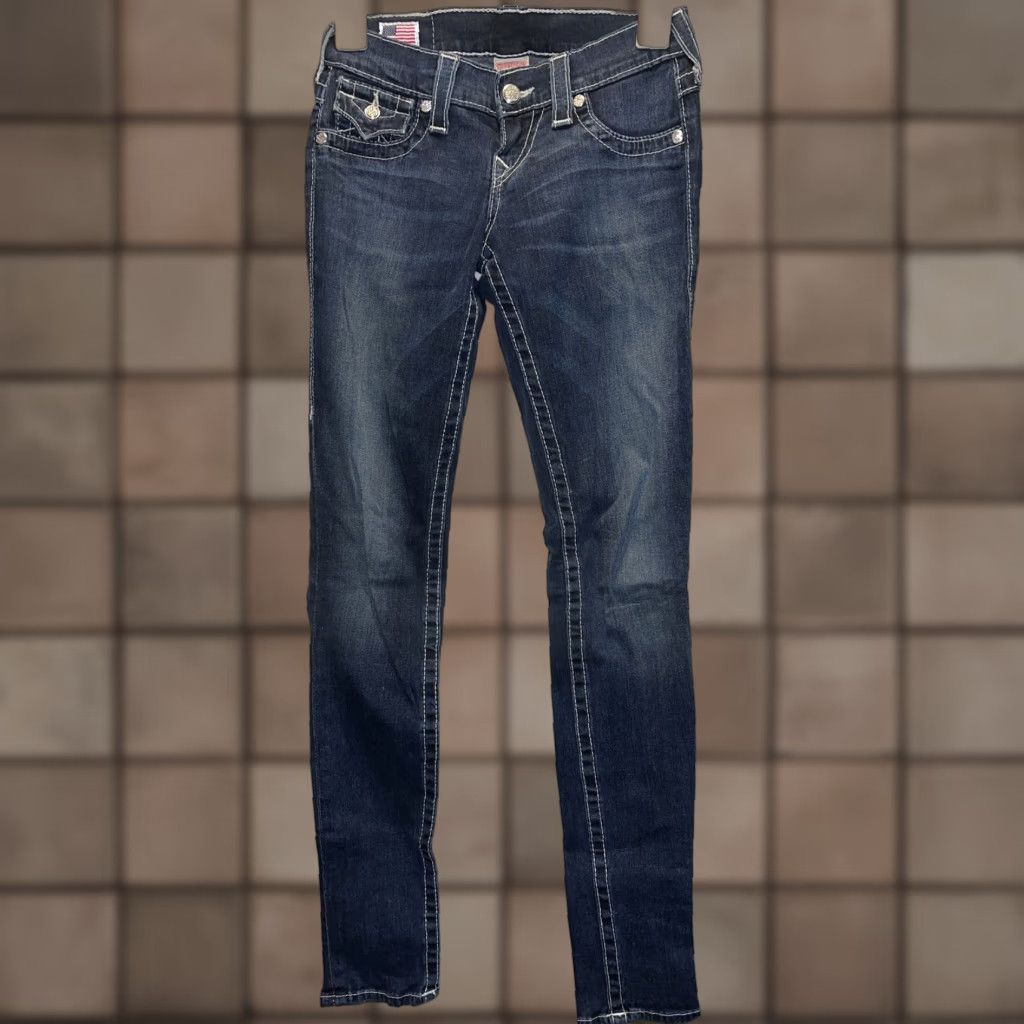 True Religion VINTAGE True Religion Women's Skinny Jeans Size 23 Blue Cotton Blend Dark Wash Slimming Stretch Rhinestone Size 40" / US 18 - 1 Thumbnail