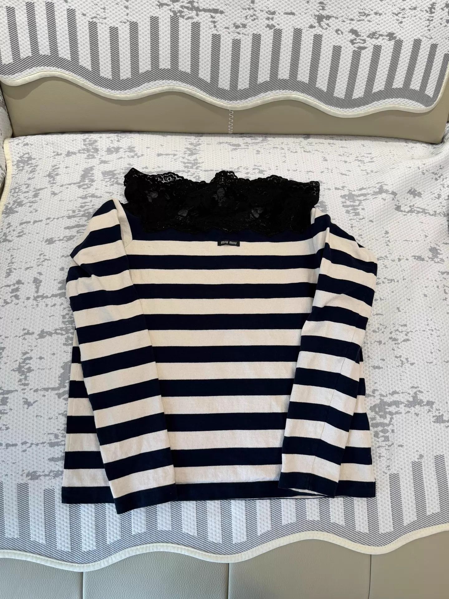 Miu Miu MIU MIU Lace-Paneled Striped Knit Off-Shoulder Top S Size S / US 4 / IT 40 - 1 Thumbnail