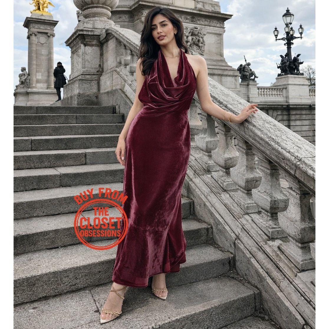 metallic women's dress Red Halter Gown peplum and angled bow Size:15/34 YGroup_15041694564717 CAMILLA | V Neck