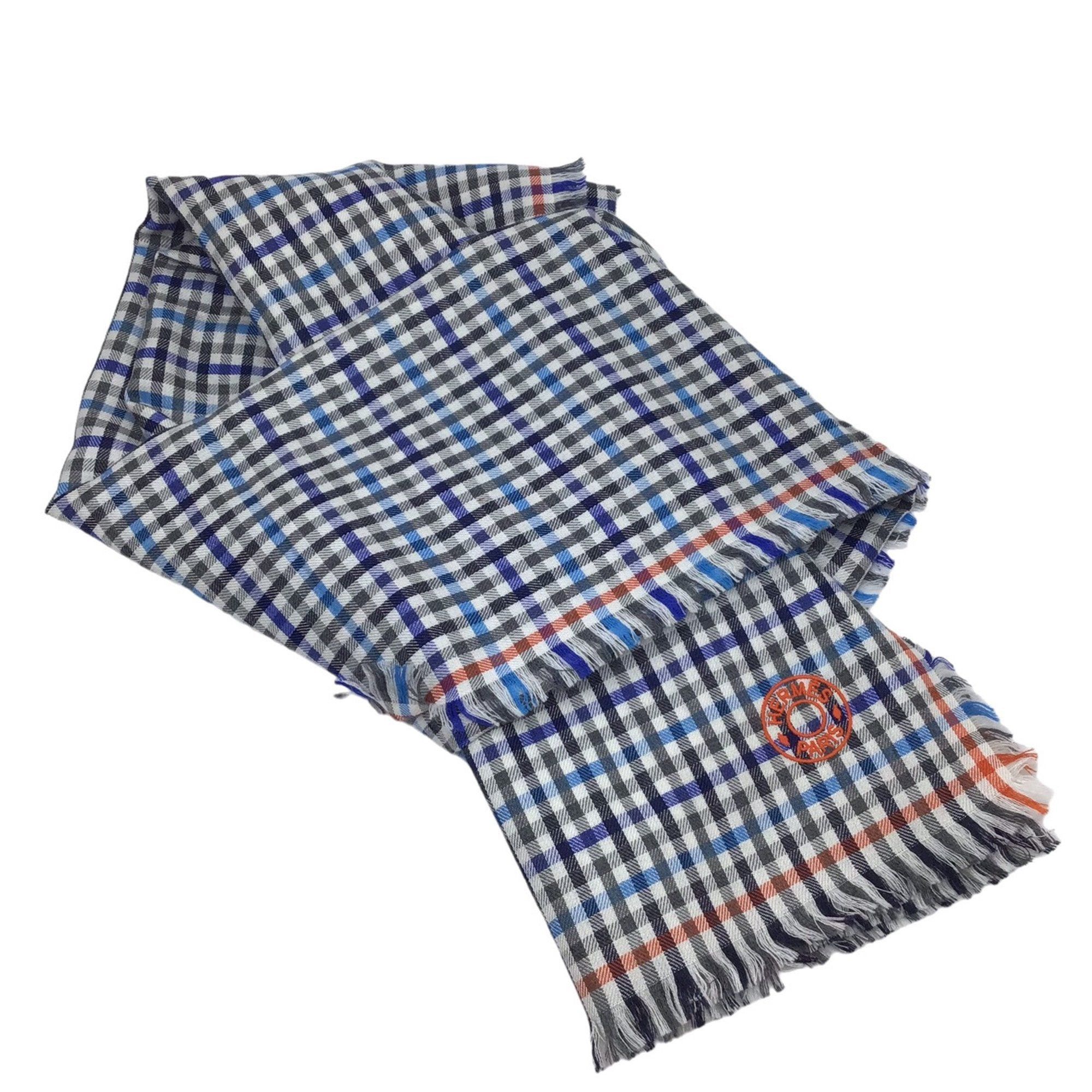 image of Hermes H Ecoce Stole Blue Gray Orange Scarf Muffler Haori Knee Hanging Large Gingham Check Ladies M
