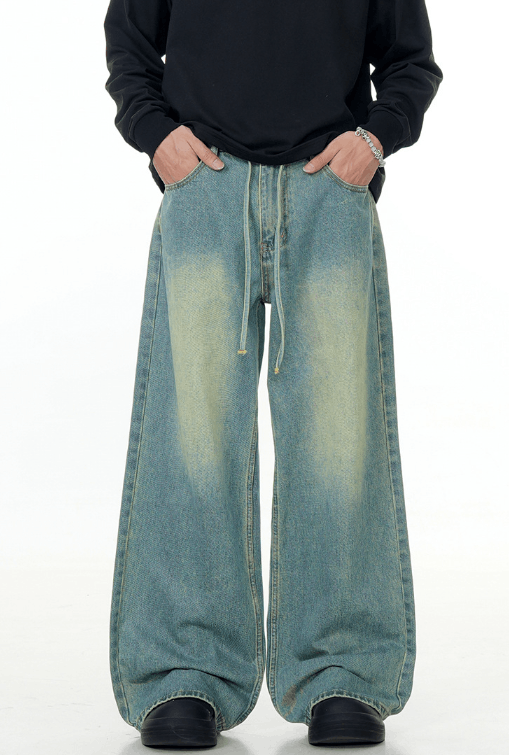 Vintage cleanfit drawstring straight loose distressed jeans