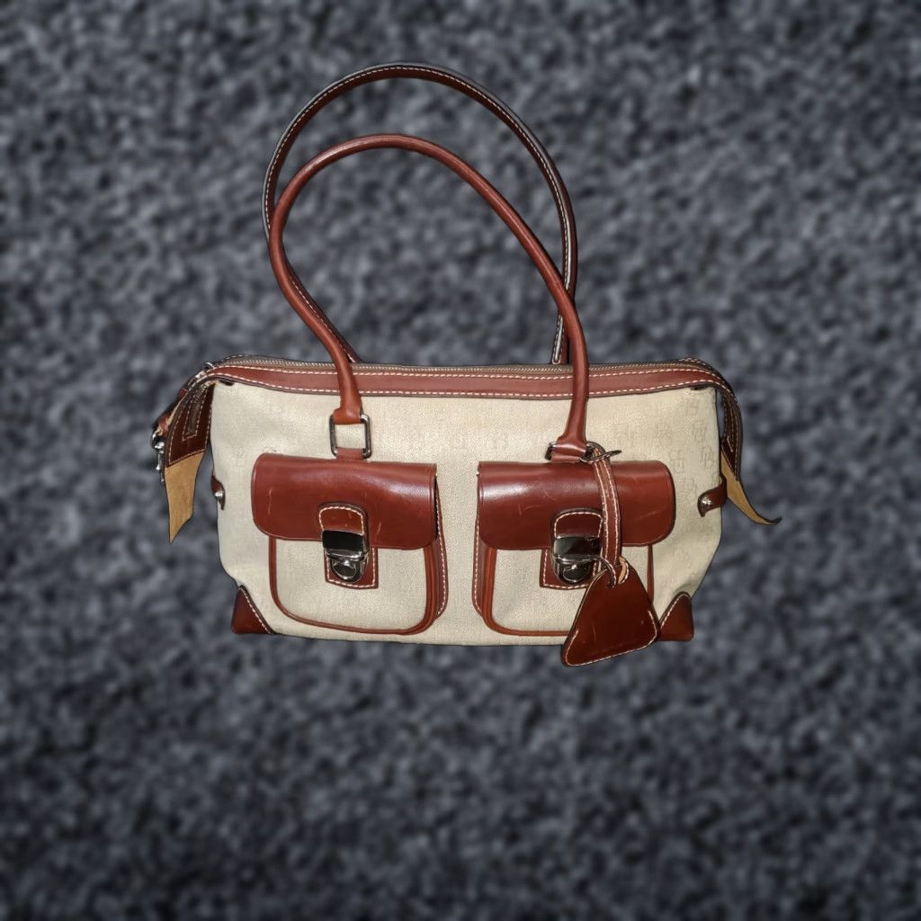 Dooney & Bourke VINTAGE Dooney & Bourke Anniversary Signature Double Pocket Tote Bag Satchel Logo Coin Canvas Leather Brown Beige 12x6x8 Bags Mens Womens Girls Boys Size ONE SIZE - 1 Thumbnail