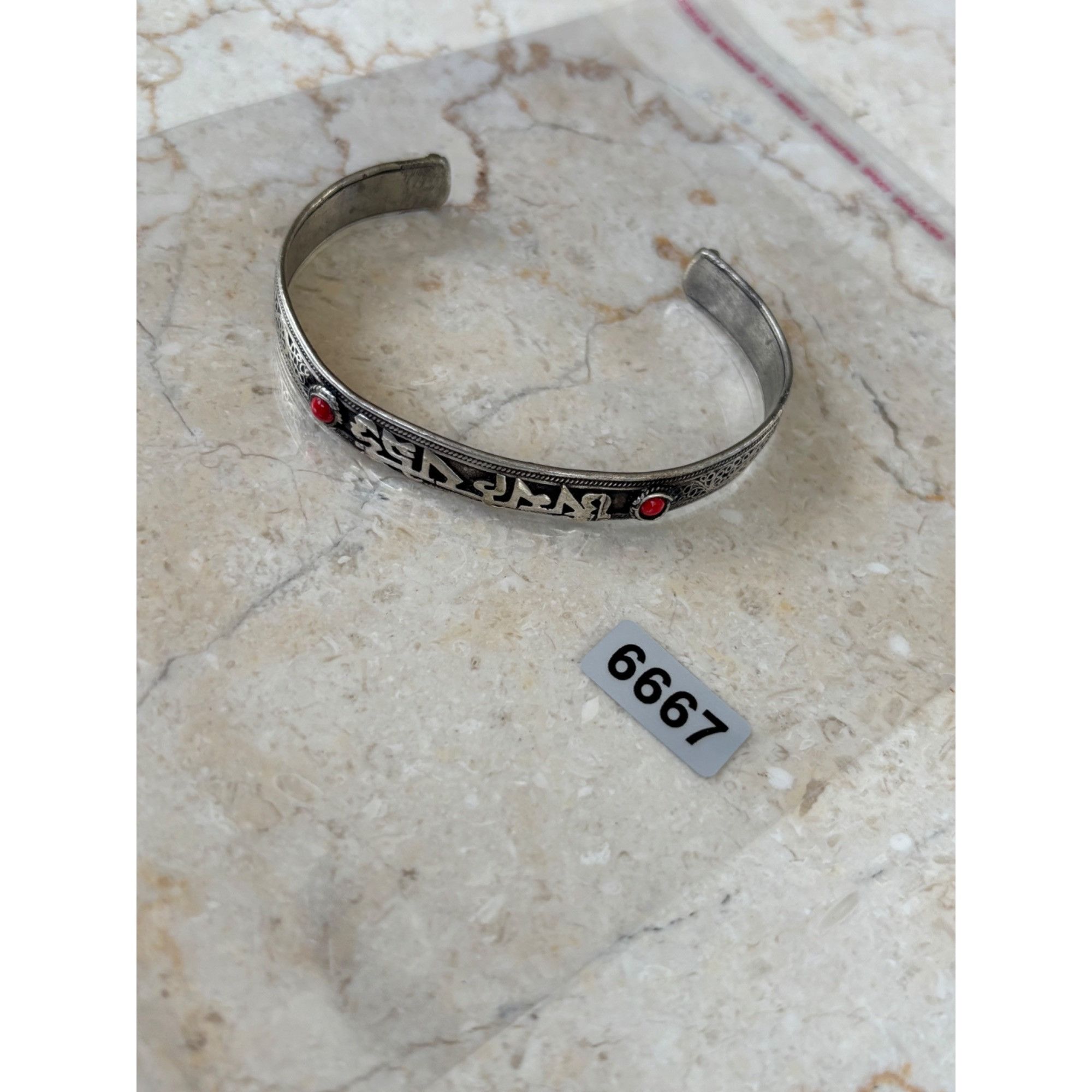 Vintage Tibetan-Inspired Silver Cuff Bracelet With Red Gemstones & E Size ONE SIZE - 3 Thumbnail