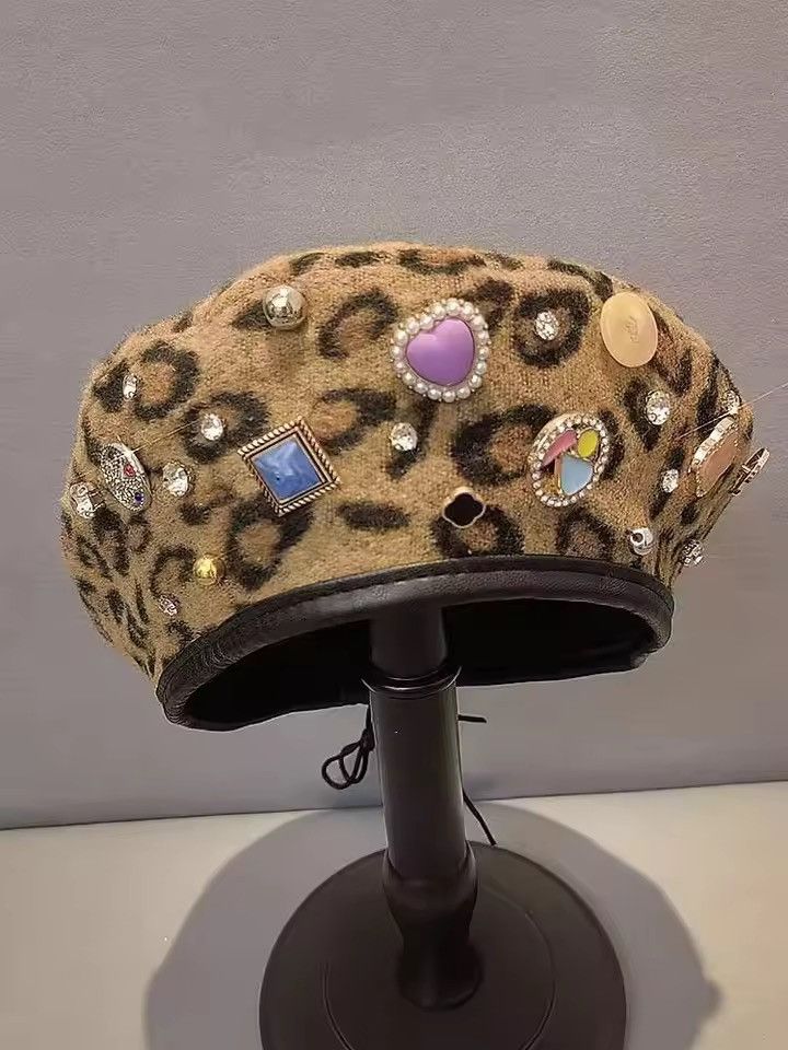 Vintage Buttons Diamonds Rhinestone Leopard Printed Berets Hat Size ONE SIZE - 2 Thumbnail
