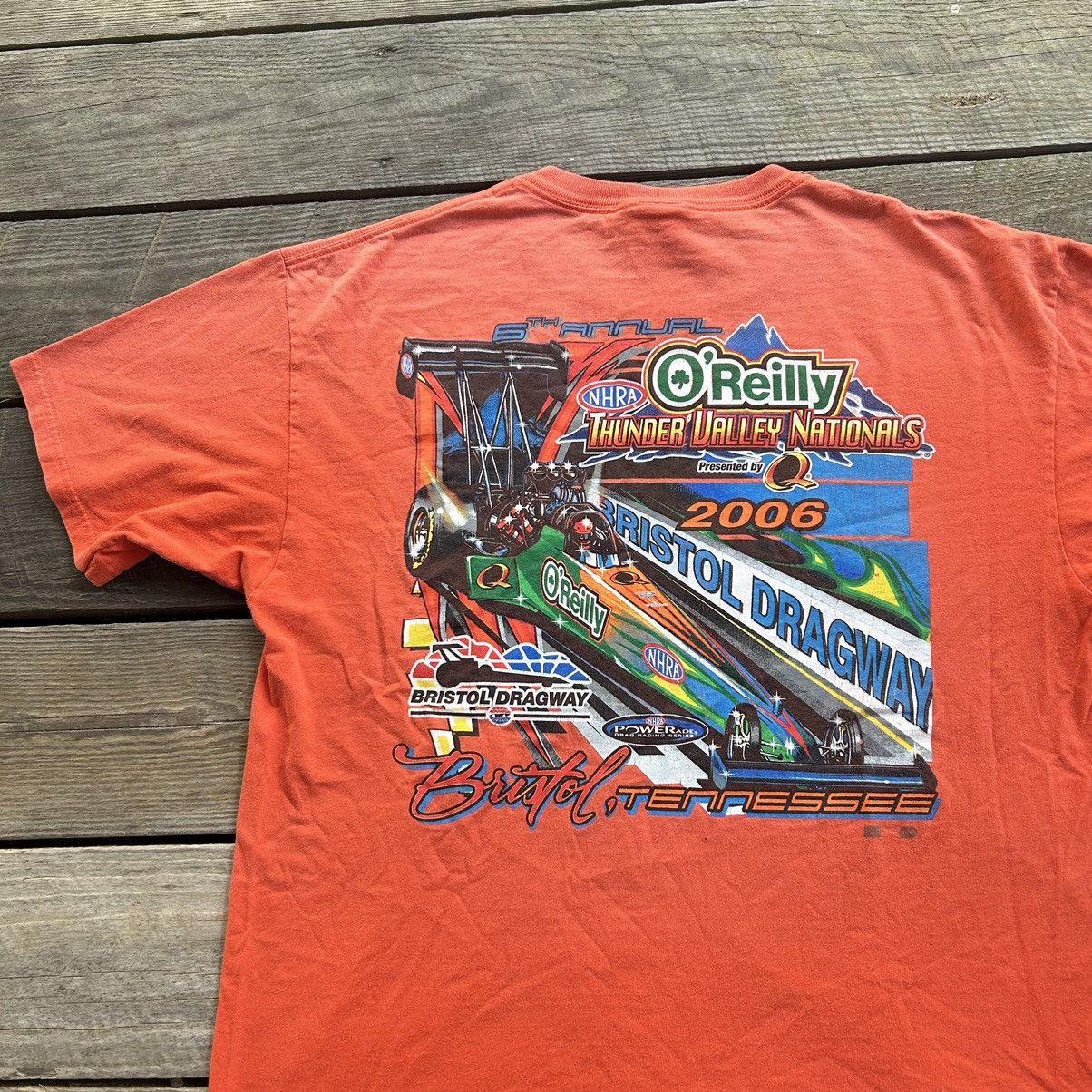 NASCAR × Vintage Vintage Sun Faded Orange NHRA Drag Racing Graphic T Shirt Size US XL / EU 56 / 4 - 1 Thumbnail