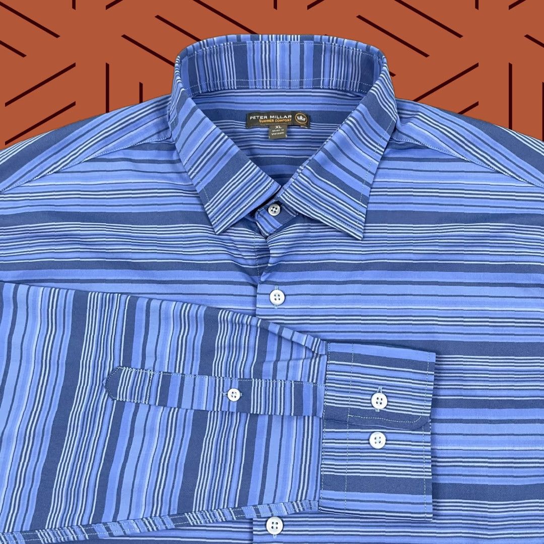Peter Millar Peter Millar Shirt Mens XL Blue Striped Performance Button Summer Comfort Size US XL / EU 56 / 4 - 1 Thumbnail