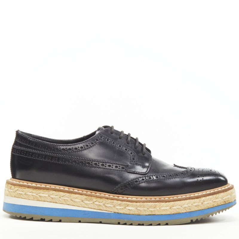 Prada PRADA black perforated leather jute espadrille platform brogue EU36.5 Size US 6.5 / IT 36.5 - 1 Thumbnail