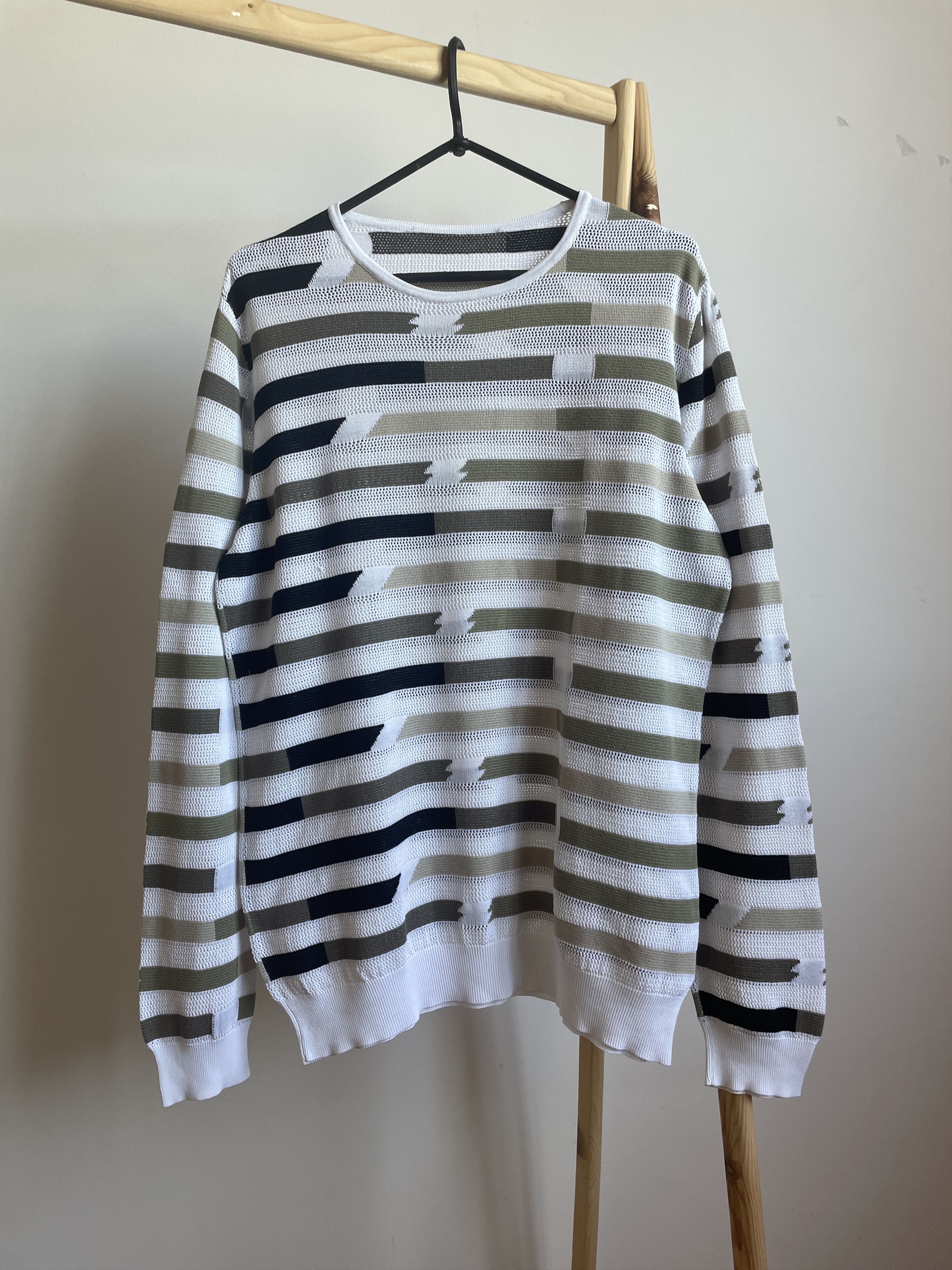 image of Ermanno Scervino Striped Mesh Knit Cotton Sweater in White, Men's (Size Medium)