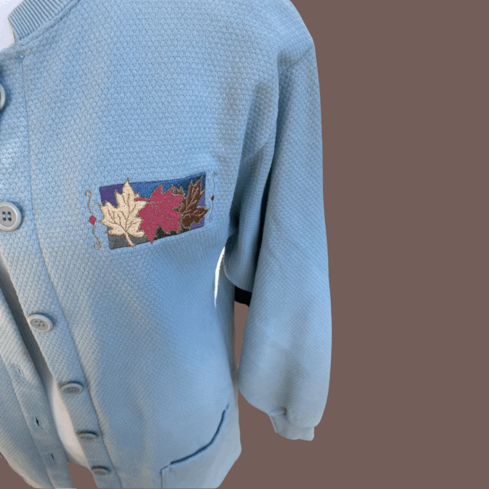 Vintage VTG Knit Cardigan | Blue Leaf Pocket | 80s Grannycore Cozy Size M / US 6-8 / IT 42-44 - 5 Thumbnail