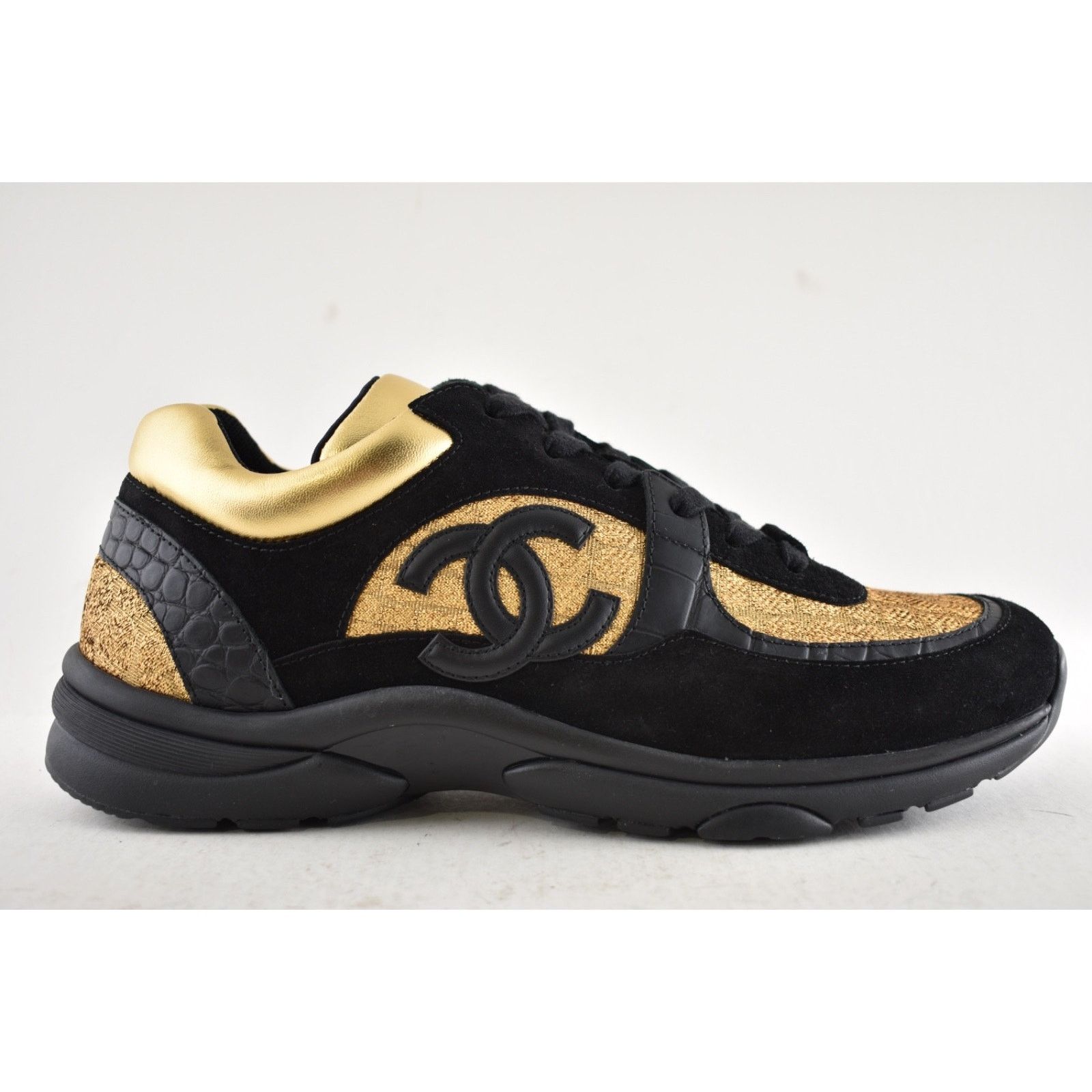 Chanel Chanel 19A Mens Black Gold Croc Suede CC Logo Low Top Size US 11 / EU 44 - 2 Thumbnail