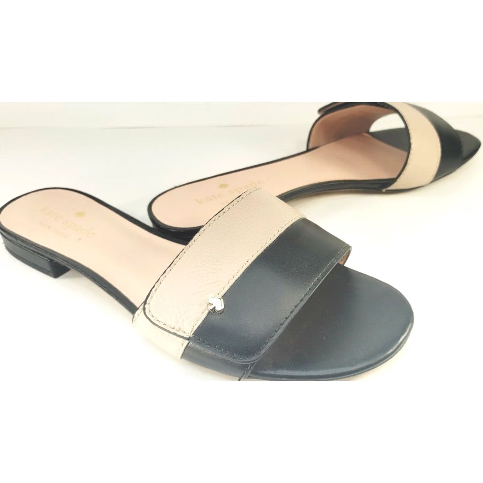 Vintage KATE SPADE 7.5B Slide Flat Sandals Pink Black Crossover Gold Ornaments Low Heel Womens Summer Dressy & Stylish Open Toe Leather Lined Slip On Casual Size US 8 / IT 38 - 2 Thumbnail