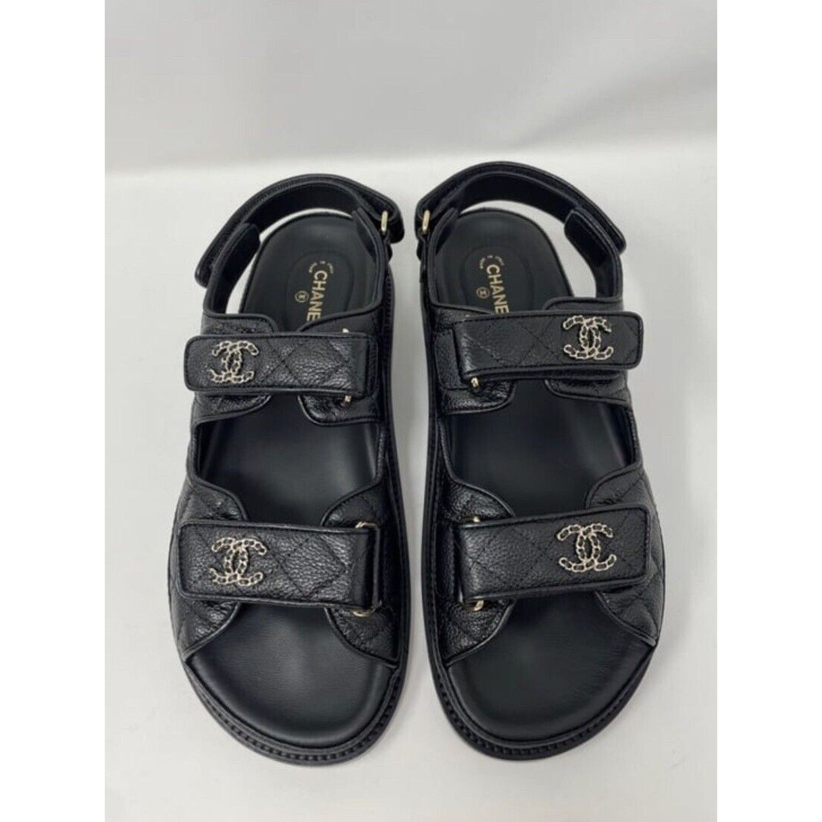 Chanel Black Leather Chain 38.5 EUR CC Quilted Flats Dad Sandals Size US 7.5 / IT 37.5 - 3 Thumbnail