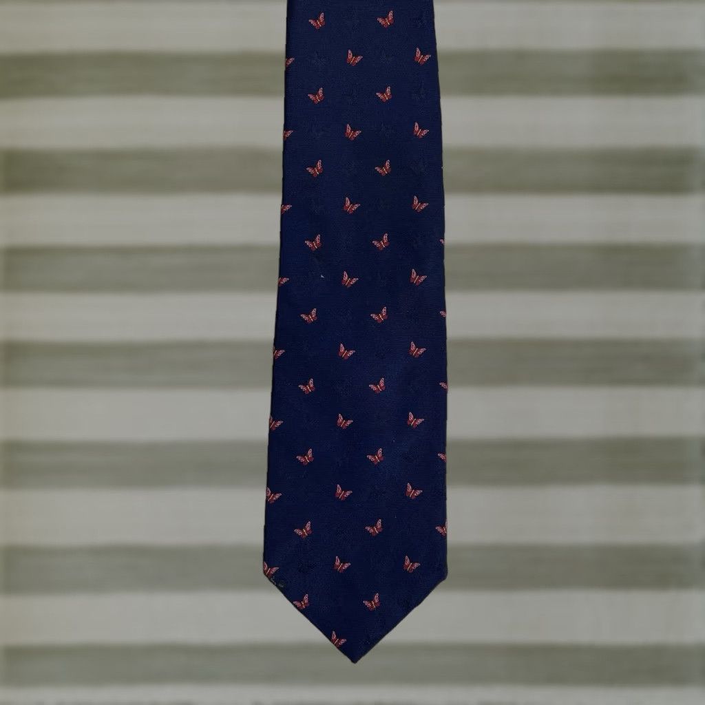 Brooks Brooks Silk Neck Tie Blue Red Butterflies Butterfly Pattern 100% Silk Made In USA Men TIE Size ONE SIZE - 1 Thumbnail