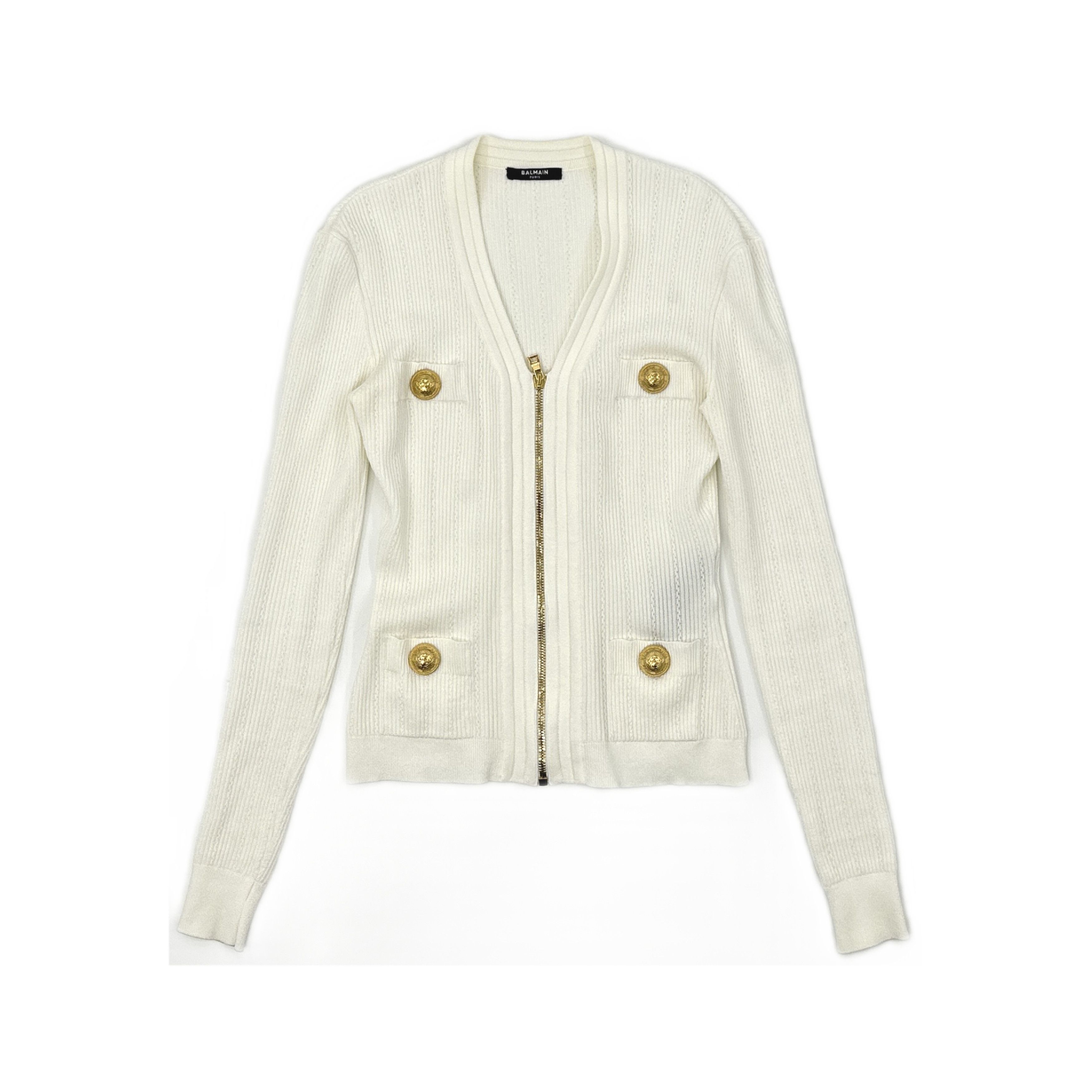 Balmain BALMAIN Gold Button Ribbed Knit Zip Jacket Size 34 Size XXS / US 00 / IT 34 - 1 Thumbnail