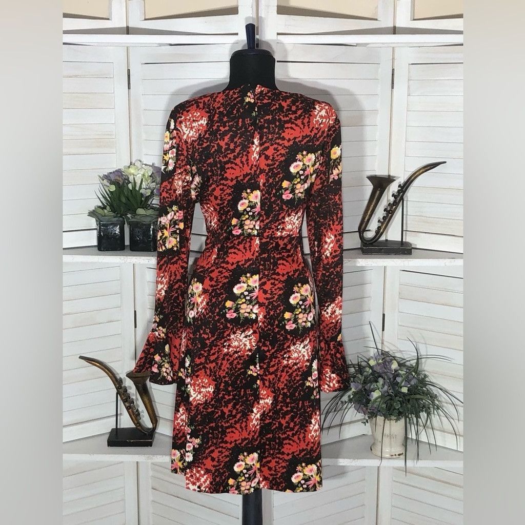Vintage 70s boho mod floral red black midi dress trumpet sleeves L Size M / US 6-8 / IT 42-44 - 2 Thumbnail