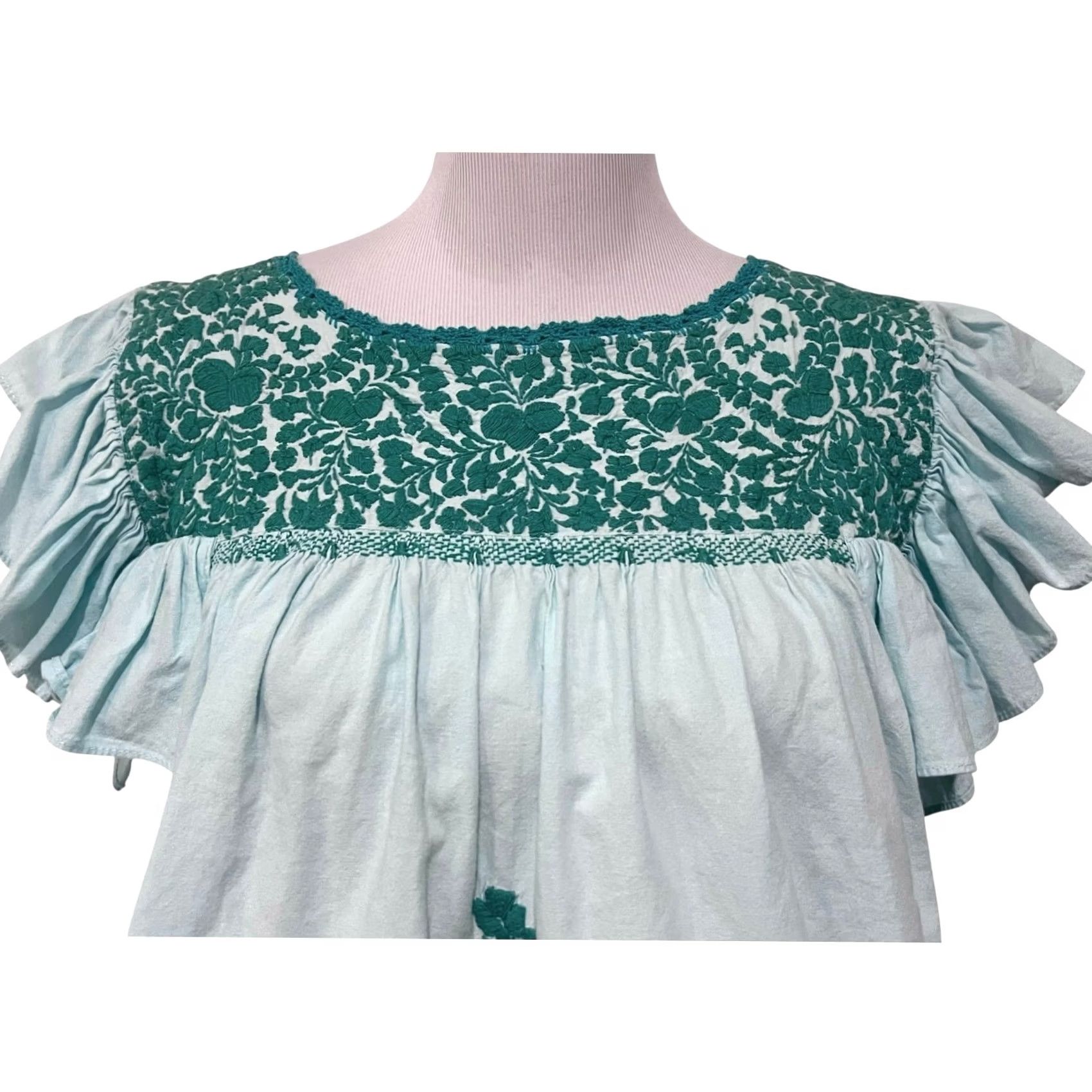 Vintage Mi Golondrina Soledad Embroidered Top Womens M Blue/Green Cotton Ruffle Sleeves Size M / US 6-8 / IT 42-44 - 3 Thumbnail