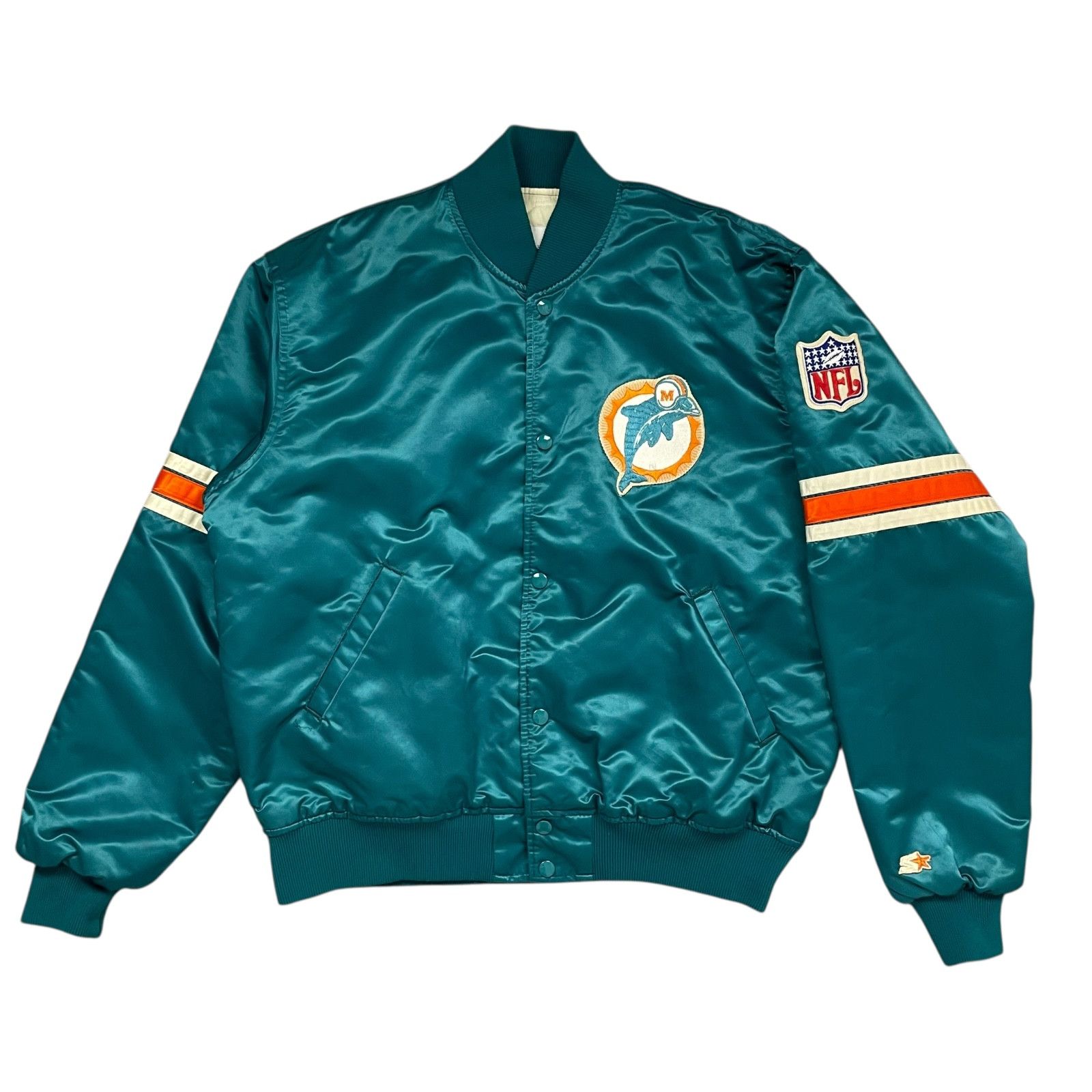 NFL VTG 90s MIAMI DOLPHINS STARTER SATIN JACKET SPELL OUT Sz L Size US L / EU 52-54 / 3 - 2 Thumbnail