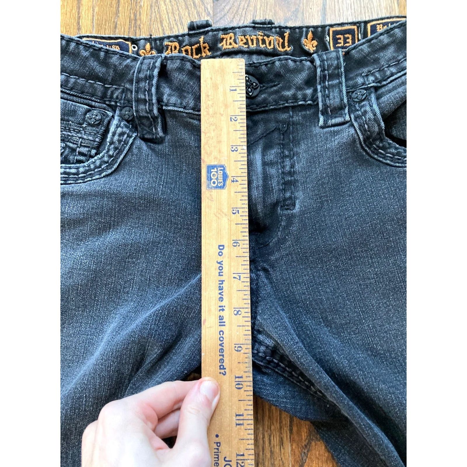 Vintage Rock Revival Jeans Slim Straight 33x27 Black Flap Pockets Mens Regular Size 33 Inseam 27 China Size US 33 - 6 Thumbnail