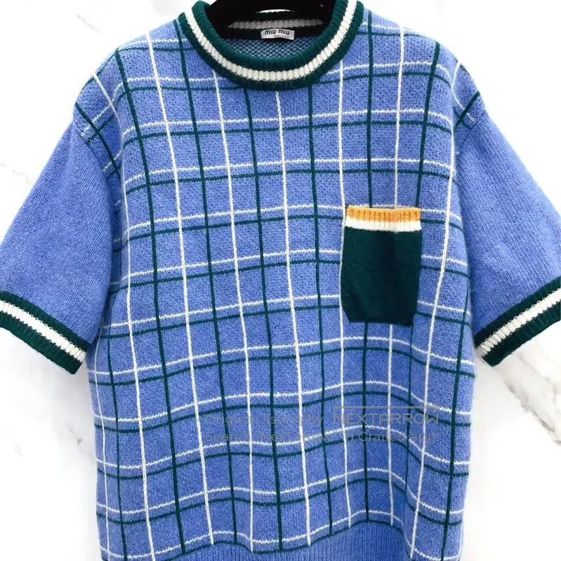 Miu Miu Miu Miu Blue Wool Check Short Sleeve T-Shirt . Size L / US 10 / IT 46 - 3 Thumbnail