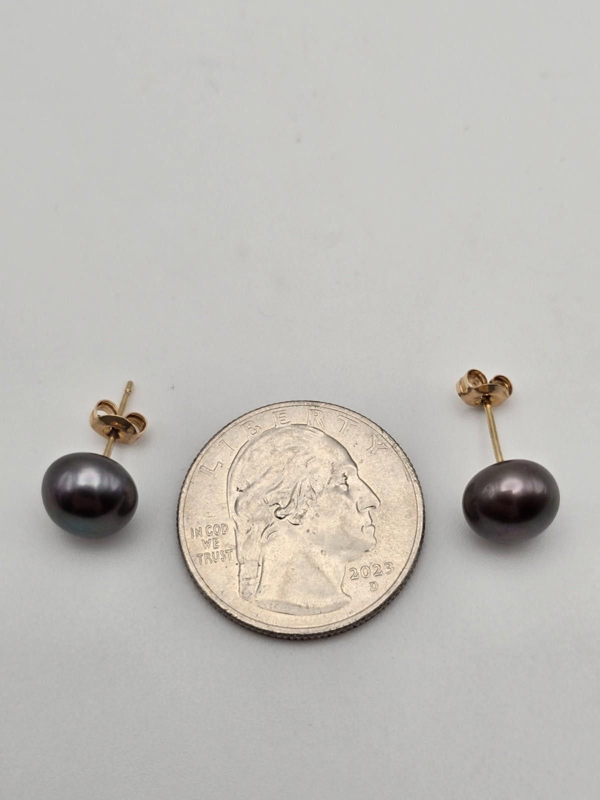 The Unbranded Brand 14k Gold (585) Black Pearl Stud Earrings – 9mm x 7.3mm, 2g Size ONE SIZE - 4 Thumbnail
