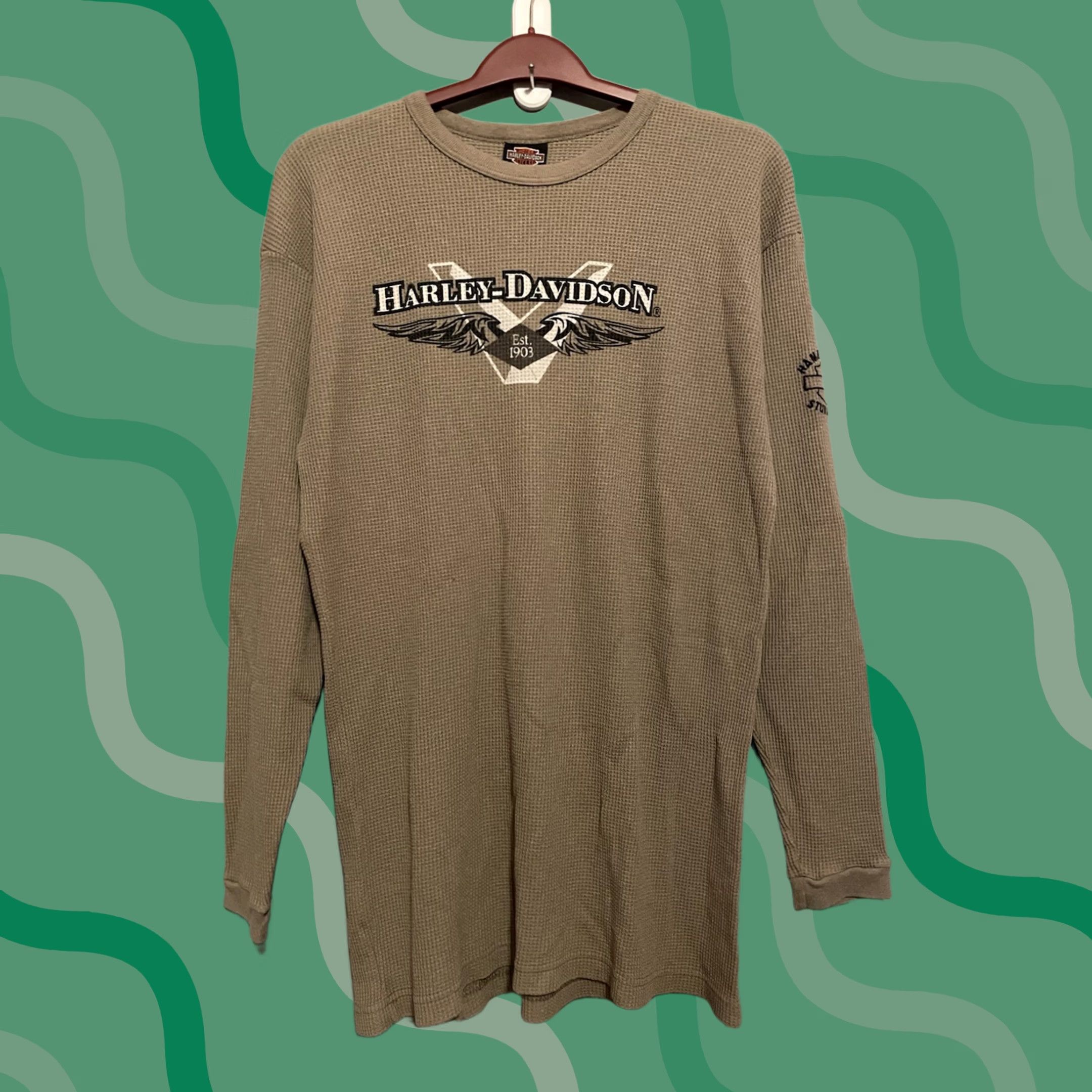 Harley Davidson Harley-Davidson Shirt L Beige Thermal Knit Logo Biker Grunge Mens Long Sleeve Crew Neck Size US L / EU 52-54 / 3 - 1 Thumbnail