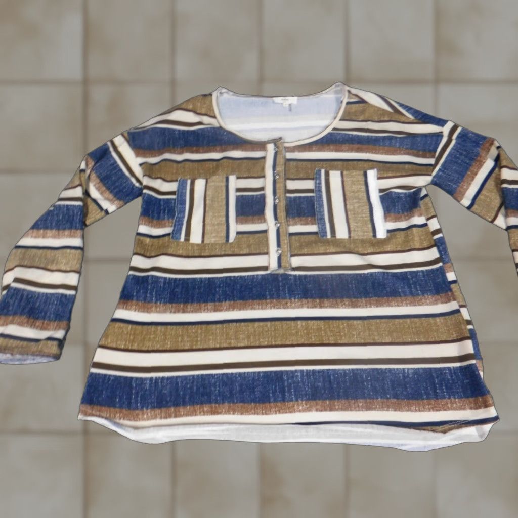 Vintage Entro Blouse Womens S Blue Pullover Round Neck Long Sleeve Striped Casual Polyester Open Pleated Modern Spring Regular Button-Down Collar Style Basic Size S / US 4 / IT 40 - 1 Thumbnail