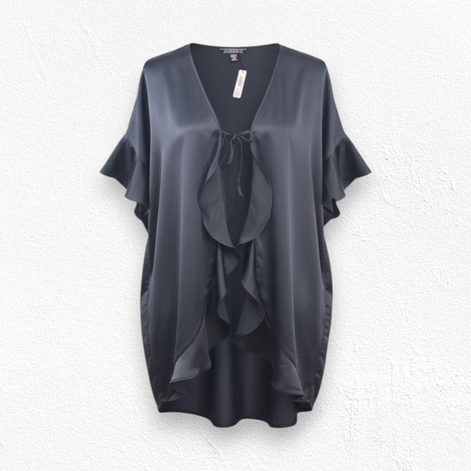 Victoria's Secret Victoria’s Secret Black Satin Open Front Ruffle Bed Top OS Size ONE SIZE - 1 Thumbnail