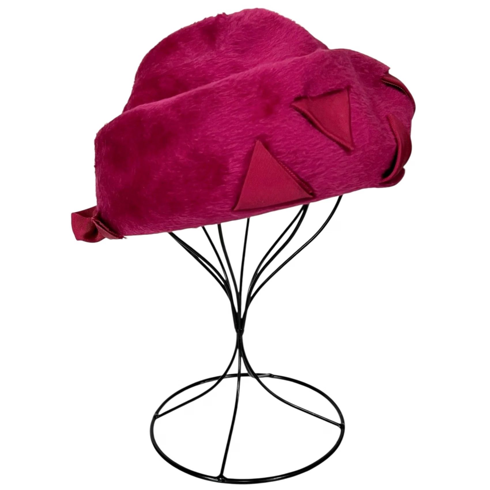 Vintage VINTAGE Gwen Pennington Hat Pink Faux Fur Fluffy Pillbox w/ Triangular Details Womens One Size Pink Pillbox Hat Size ONE SIZE - 4 Thumbnail