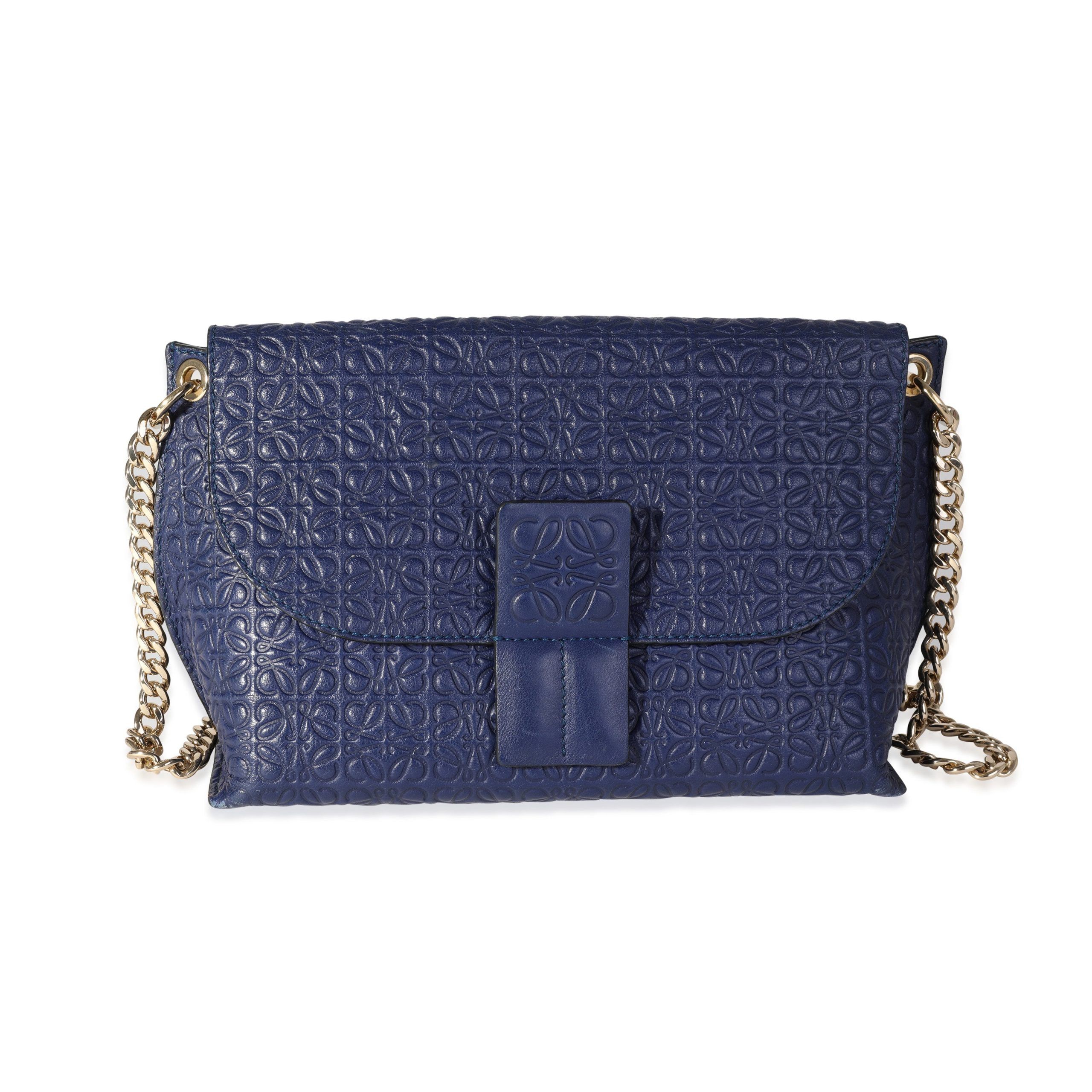 image of Loewe Navy Logo Embossed Goatskin Avenue Shoulder Bag in Blue, Women's