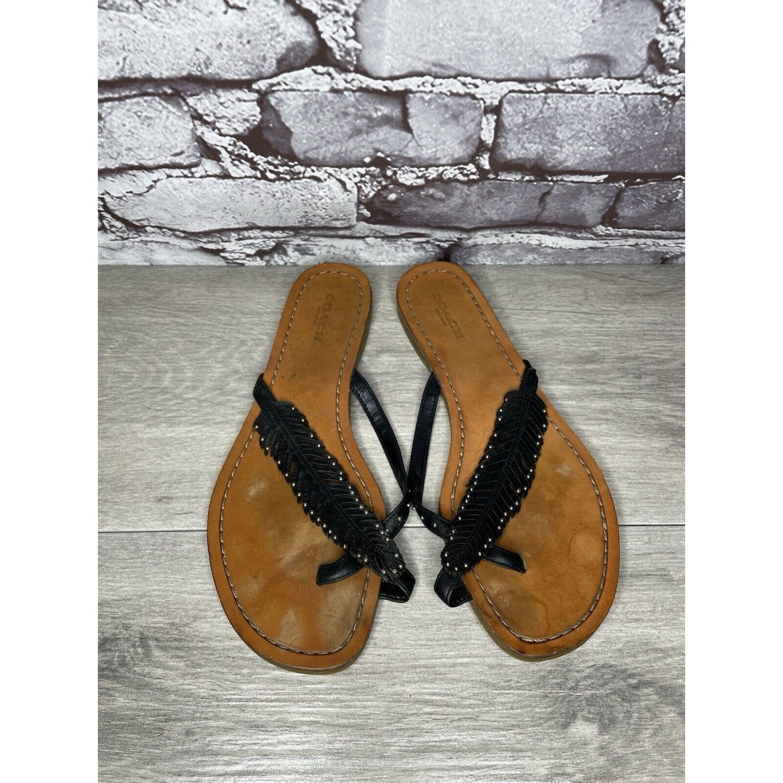 Coach Coach New York DENI Black Leather Feather Thong Flat Sandals Size US 8 / IT 38 - 23 Thumbnail