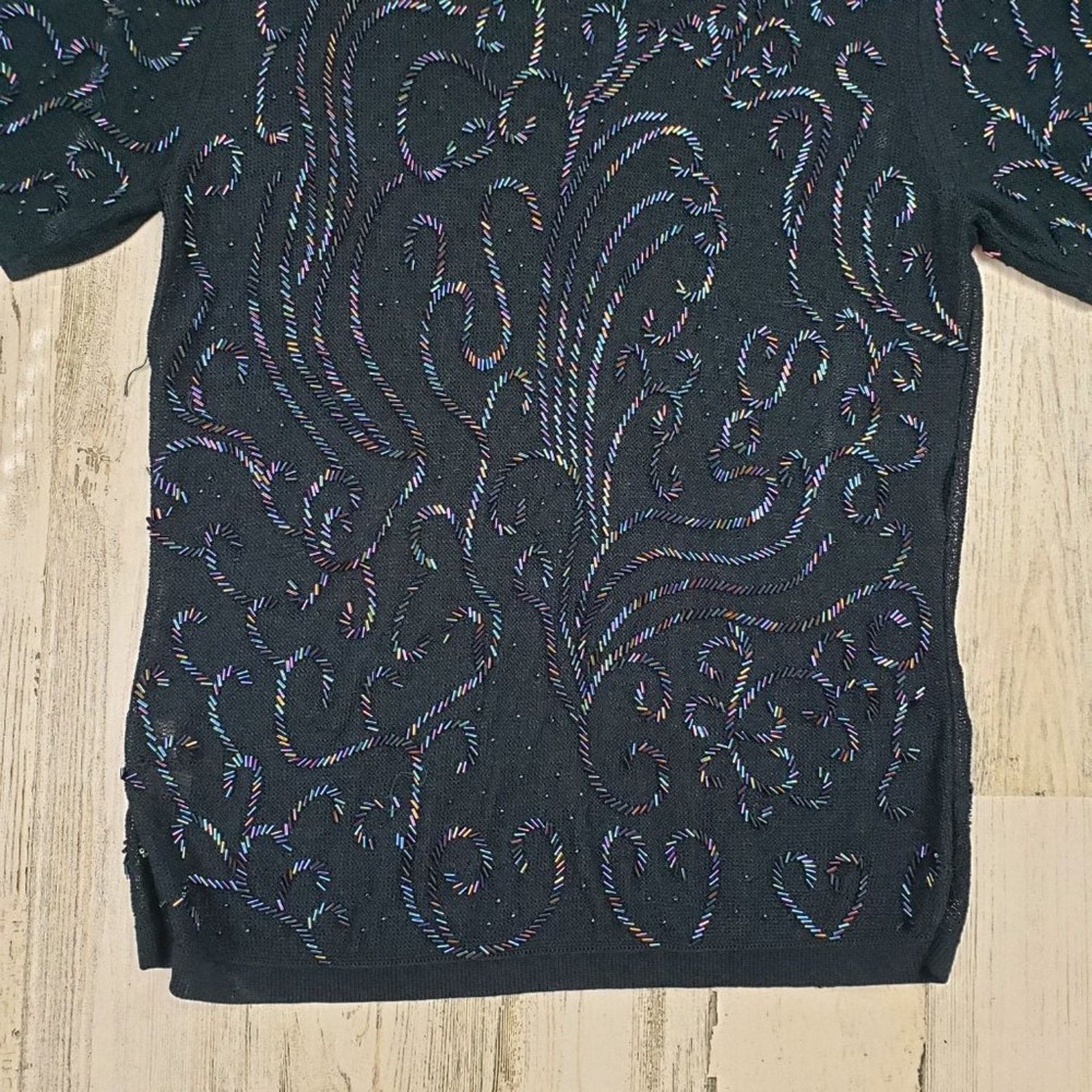 Other Navy Blue Loose Knit Beaded Embellished Semi- Sheer Blouse Size ONE SIZE - 7 Thumbnail