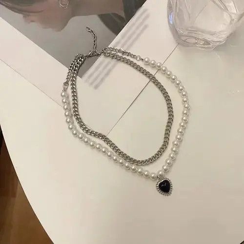 Other Double Layer Steel Pearl Black Heart Pendant Necklace Size ONE SIZE - 2 Thumbnail