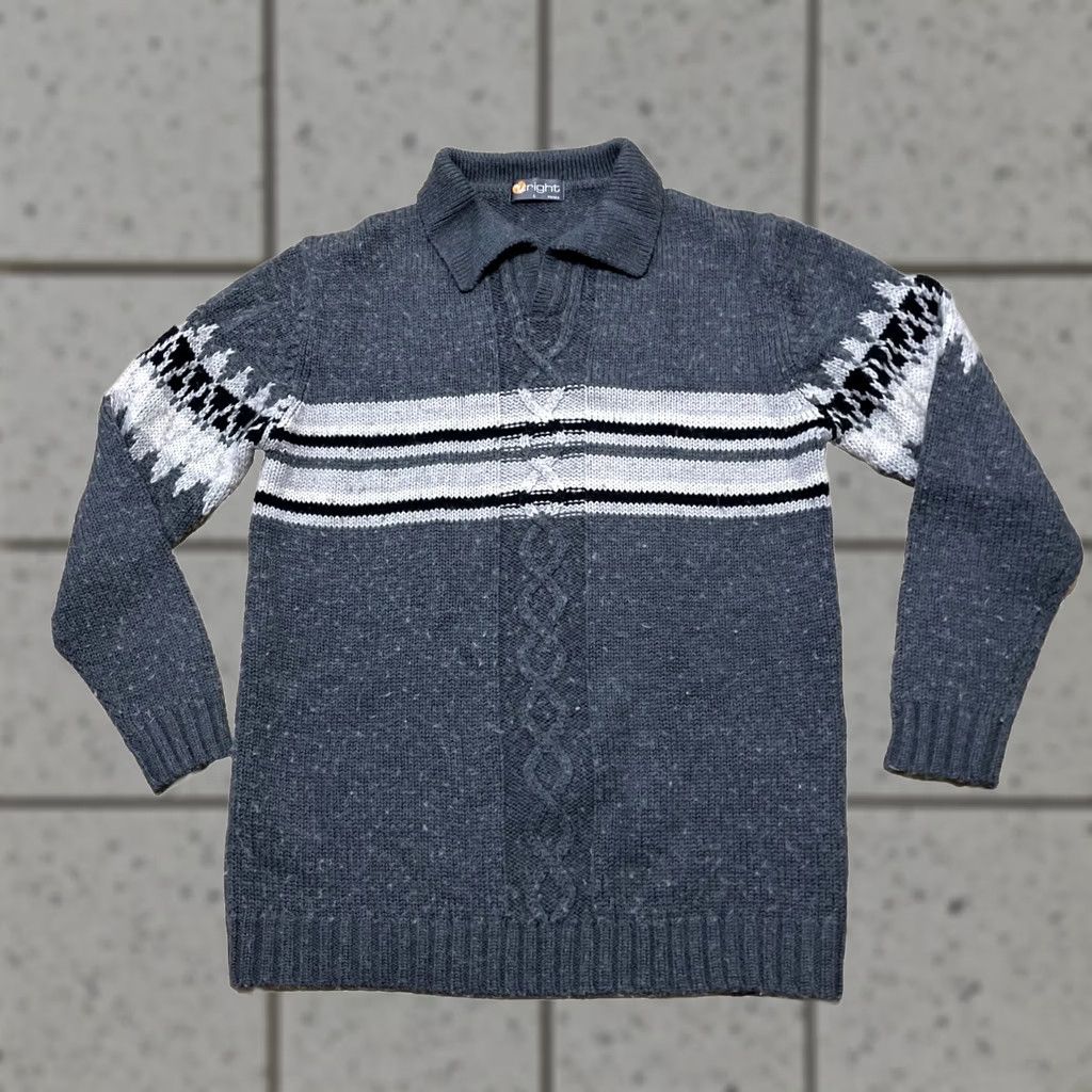 Vintage VINTAGE URIGHT Wool Sweater Cable-Knit Fair Isle Nordic Fisherman Cowl Long Sleeve Adult L Gray Wool Pullover Mens Size US L / EU 52-54 / 3 - 1 Thumbnail