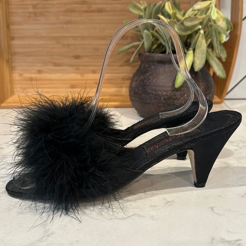 Fredrick’s of Hollywood 1980s Satin Peep Toe Pumps feathers