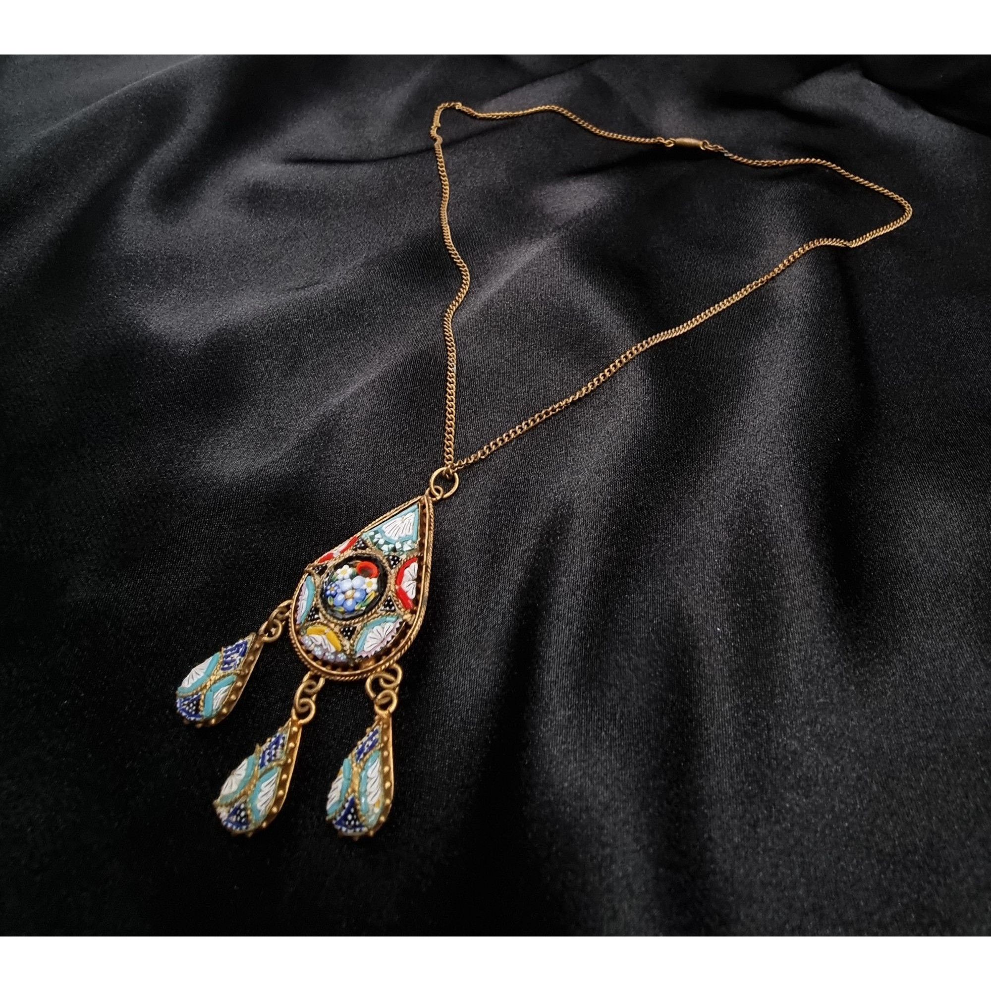 Vintage Vintage 1920s-1940s Gold-Tone Millefiori Mosaic Pendant Neck Size ONE SIZE - 5 Thumbnail