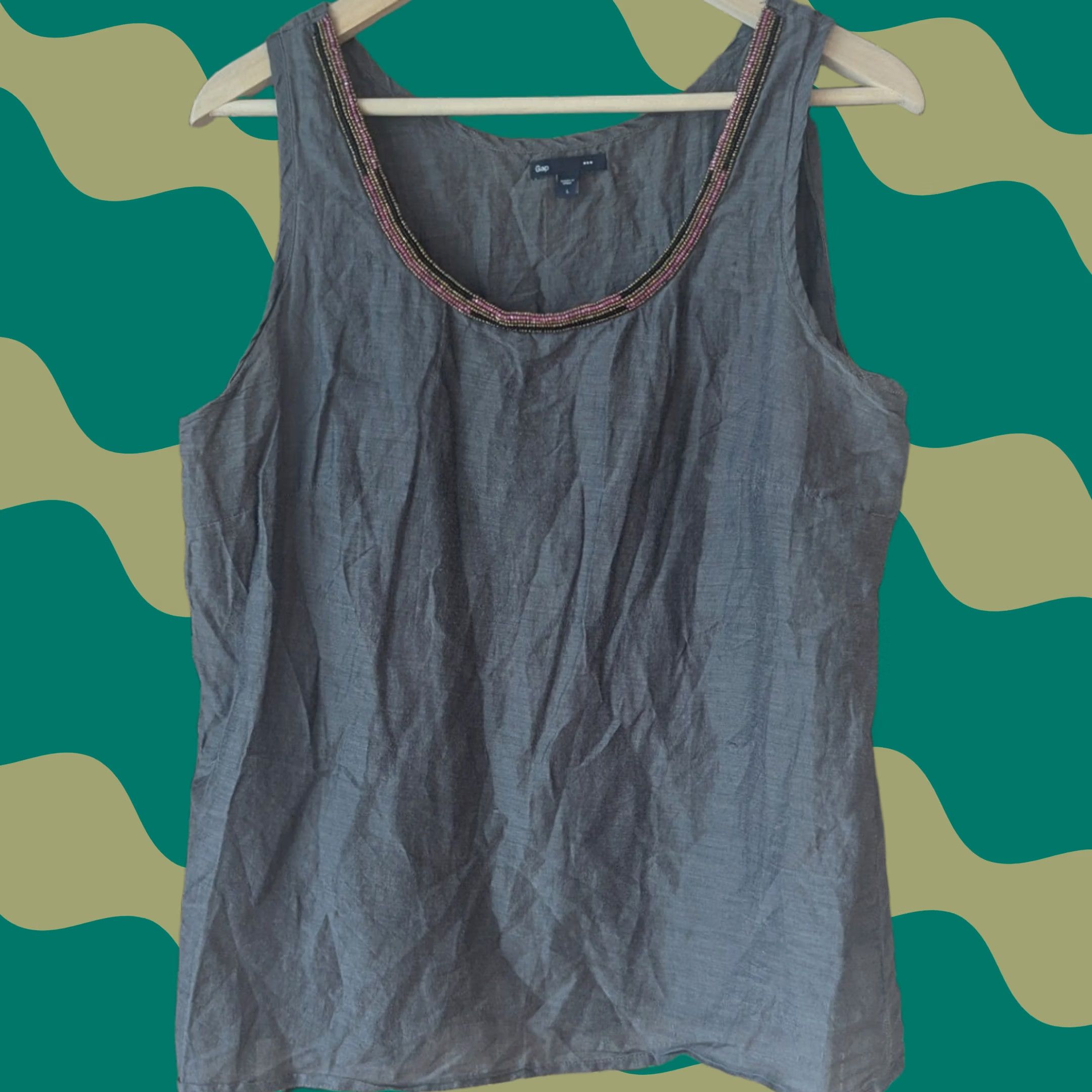 Gap Gap Tank Top Womens L Gray Cotton Silk Beaded Scoop Neck Sleeveless Pullover Casual Relaxed Canvas? Size L / US 10 / IT 46 - 1 Thumbnail