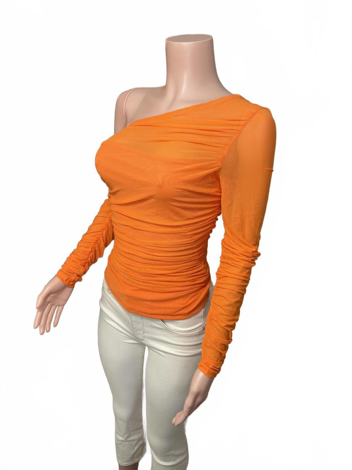 Shein Orange One-Shoulder Long Sleeve Ruched Top. Size M Size M / US 6-8 / IT 42-44 - 2 Thumbnail