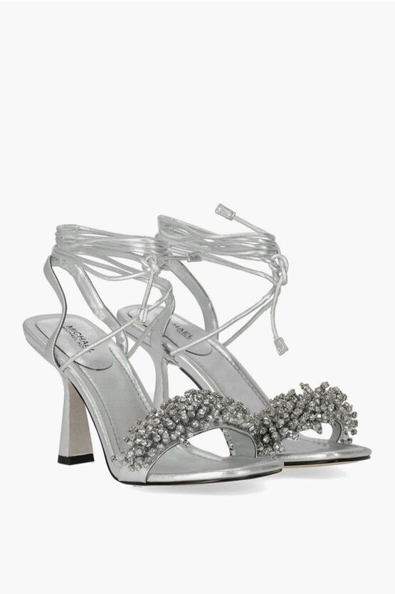 image of Michael Kors Michael Metallic Leather Lucia Lace-Up Sandal With Jewels Em in Silver, Women's (Size 
