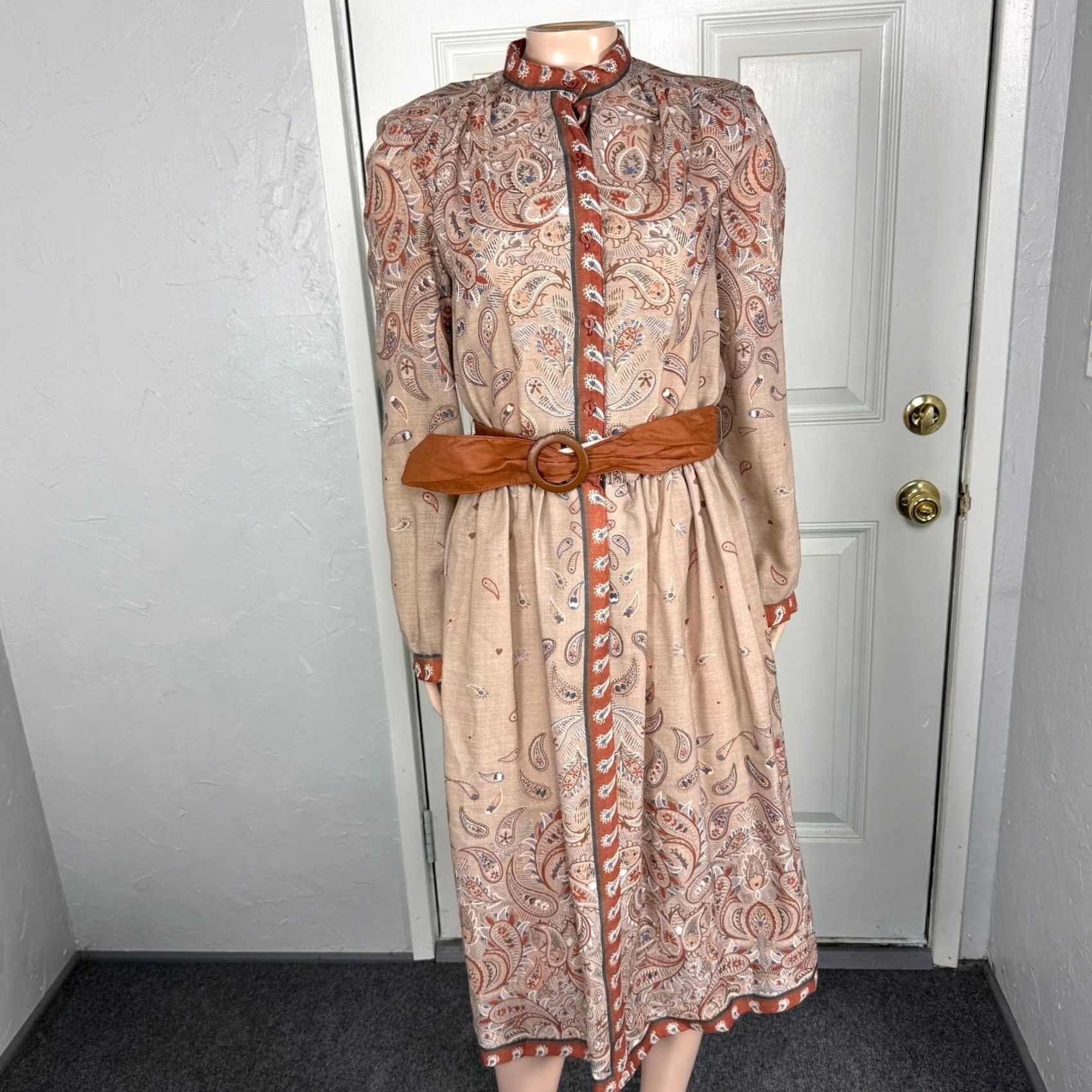 Vintage VINTAGE Willie of California Dress Womens 70s Wool Polyester Floral Knee Length Knit Belt Brown 70s Women S Long Sleeve Crew Neck Button Shirt Dress Size S / US 4 / IT 40 - 2 Thumbnail