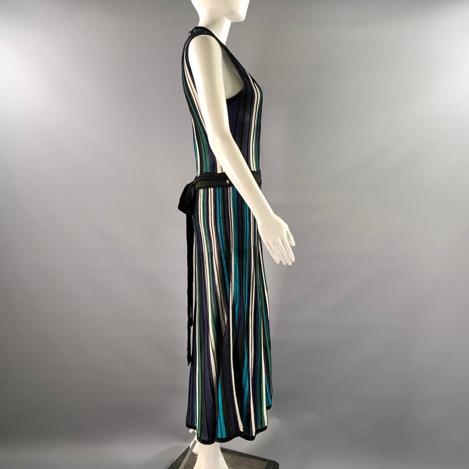 Diane von Furstenberg DVF M Black Green Silk Blend Stripe Wrap Mid-Calf Dress Size M / US 6-8 / IT 42-44 - 3 Thumbnail