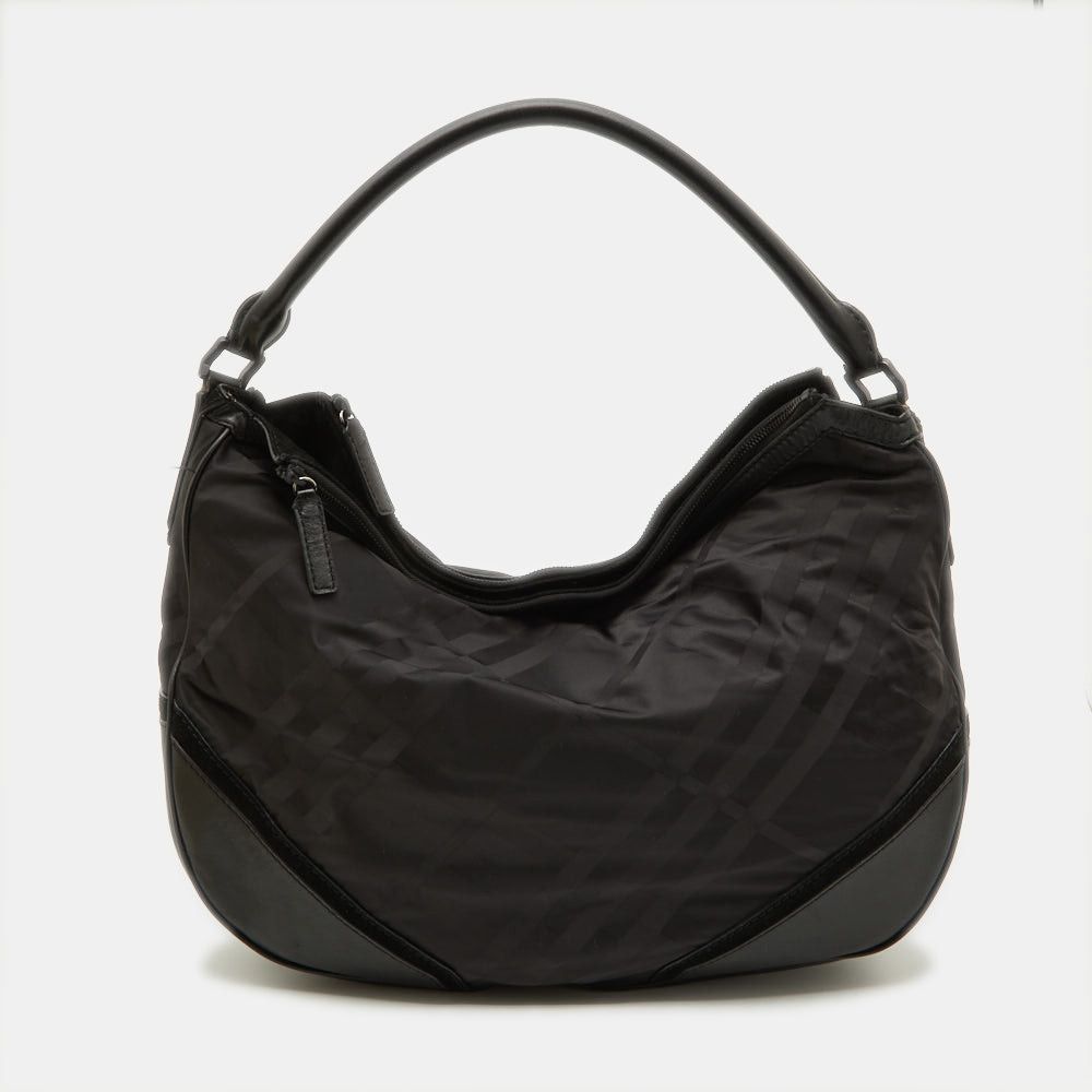 image of Burberry Black Beat Check Nylon And Leather Maskell Hobo, Women's