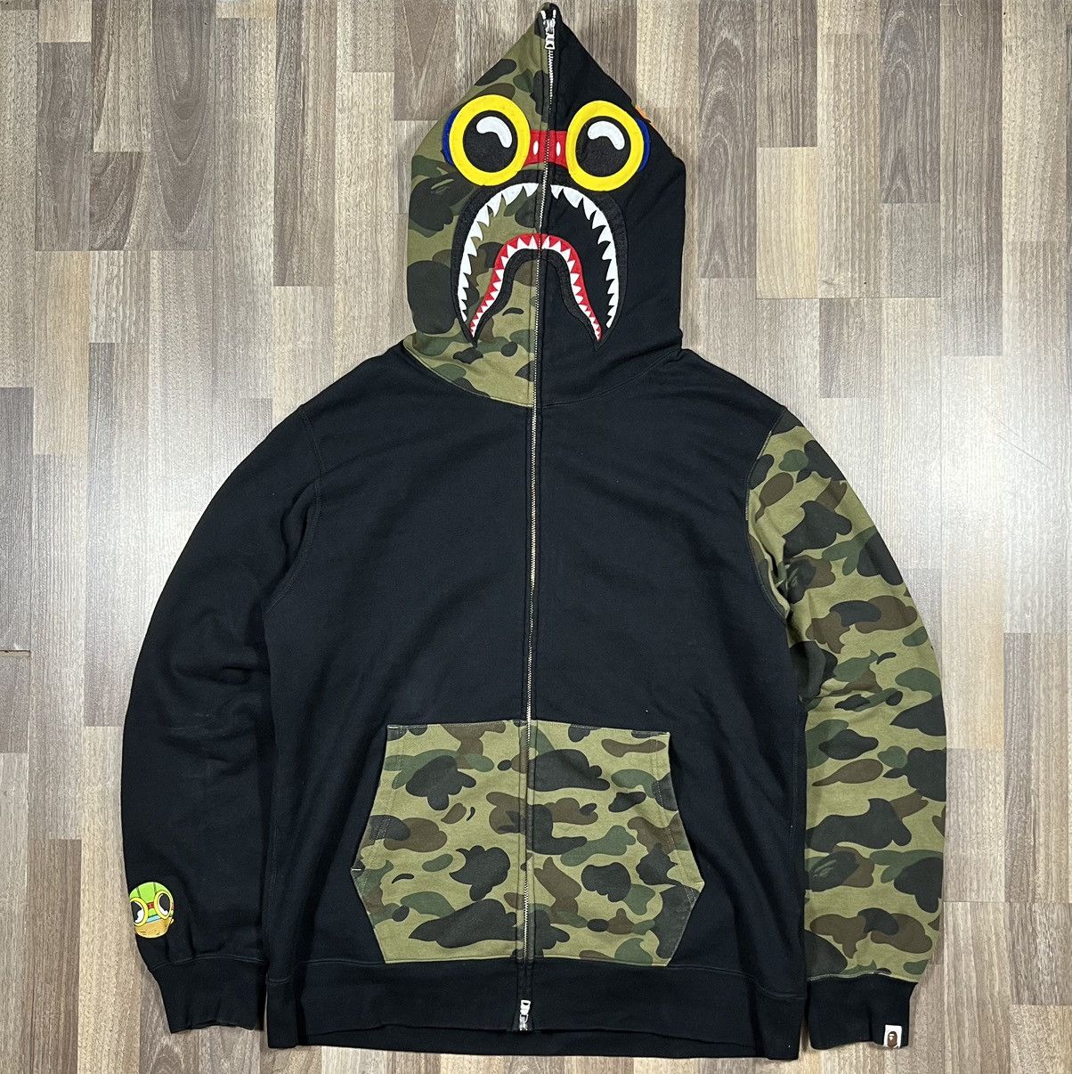 image of Bape x Hebru Brantley Flyboy Shark Full Zip Hoodie in Black, Men's (Size 2XL)