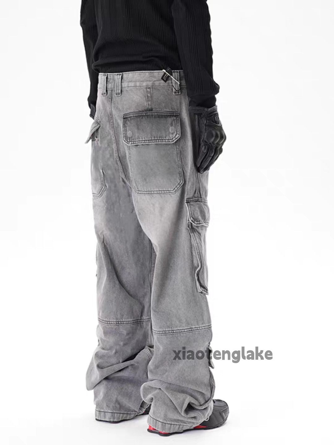 unisex washed faded loose baggy skate cargo jeans