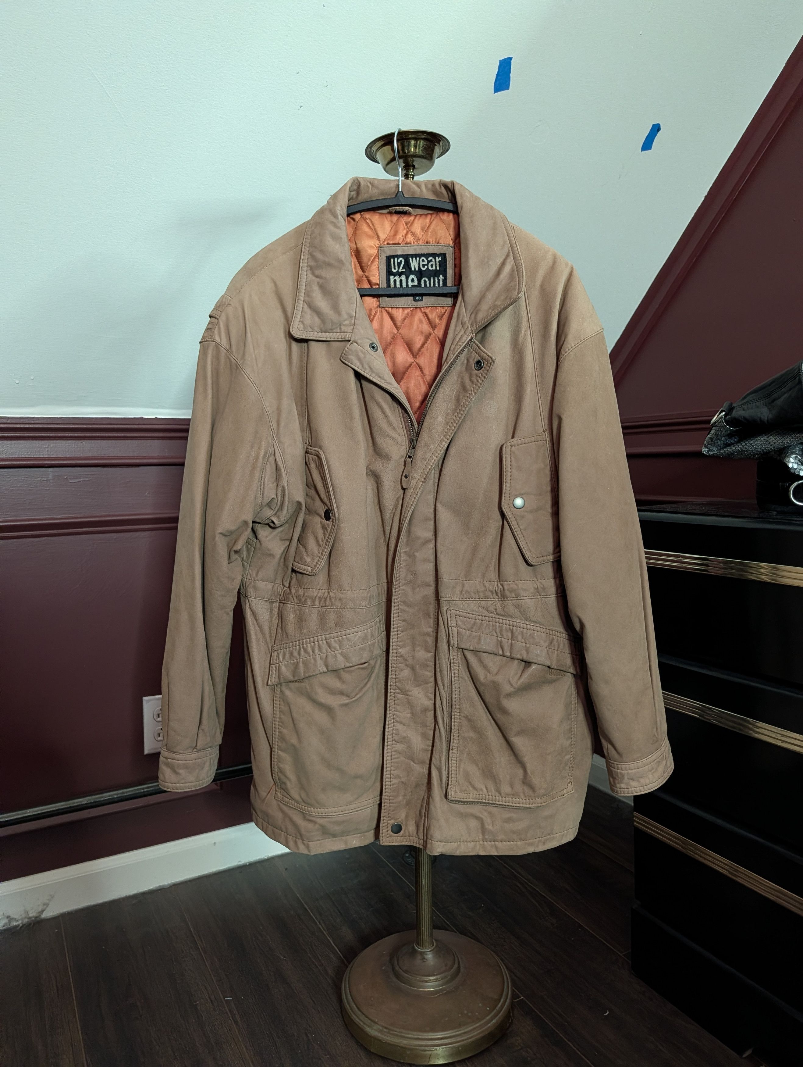 Vintage U2 Wear Me Out brown wool lined zip-up leather moto jacket Size US L / EU 52-54 / 3 - 1 Thumbnail